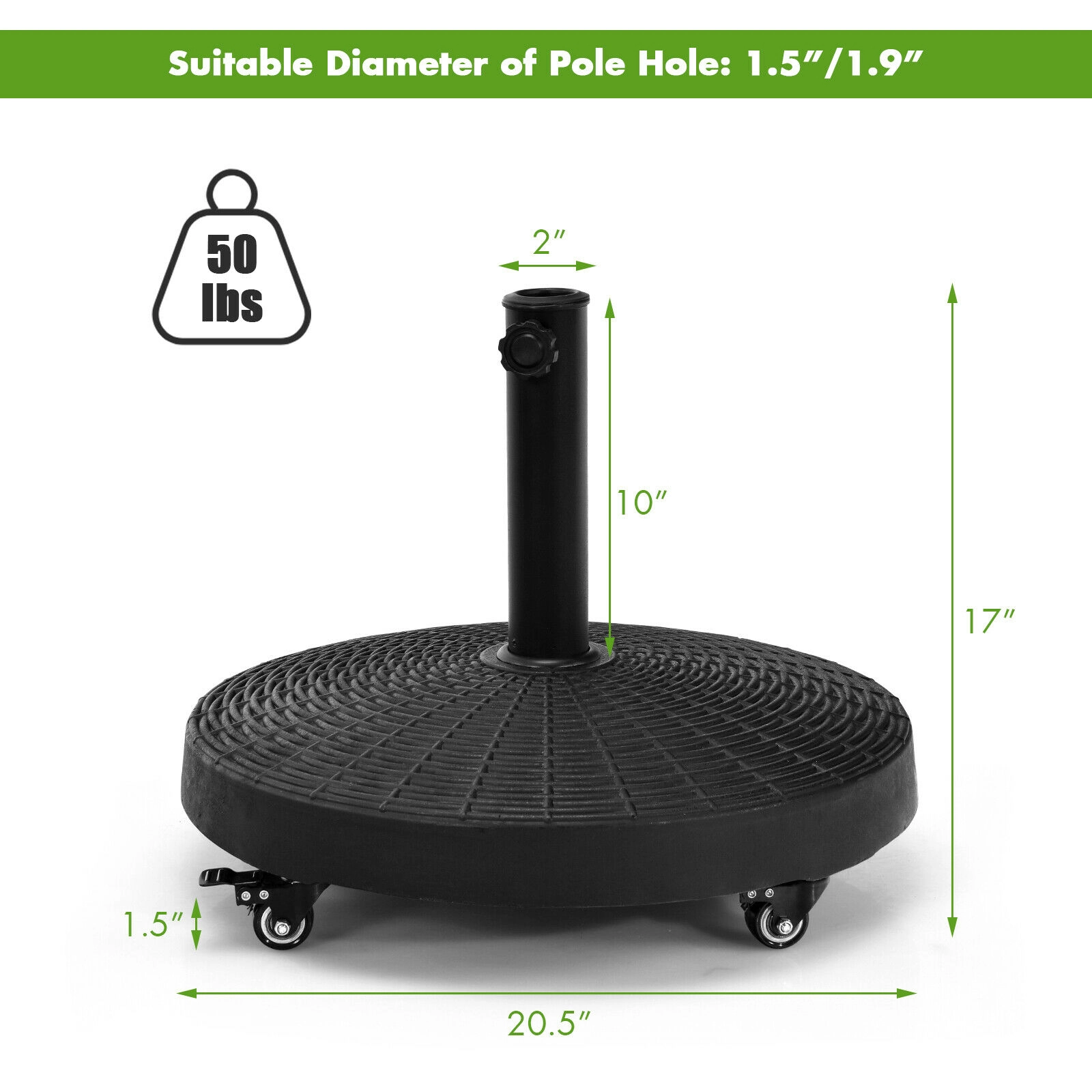 SUGIFT 50-lb Black Resin Patio Umbrella Base with Lockable Wheels