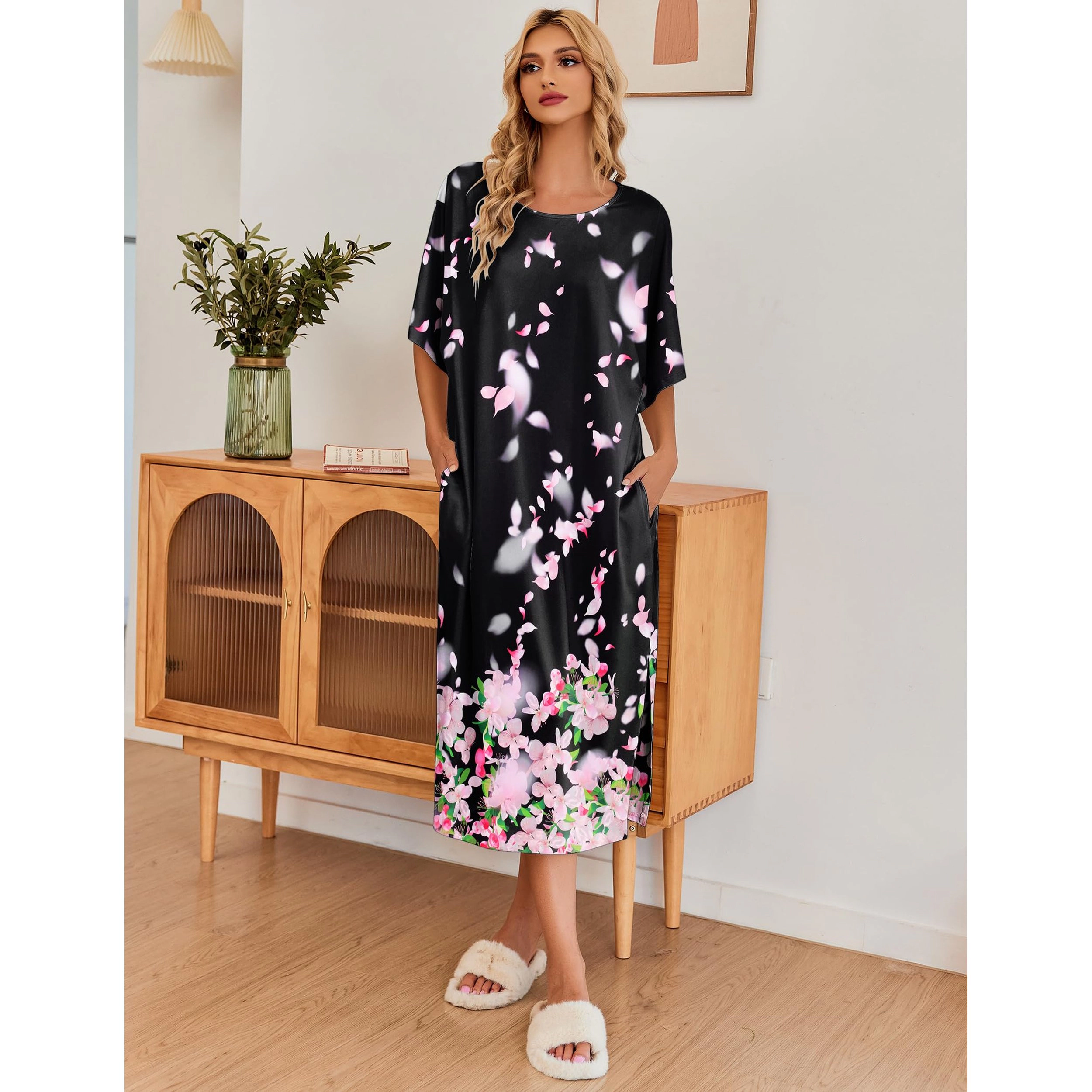 Ekouaer Women's Nightgown Short Sleeve Sleepshirt Long Loungewear Casual Maxi Lounge Dress House