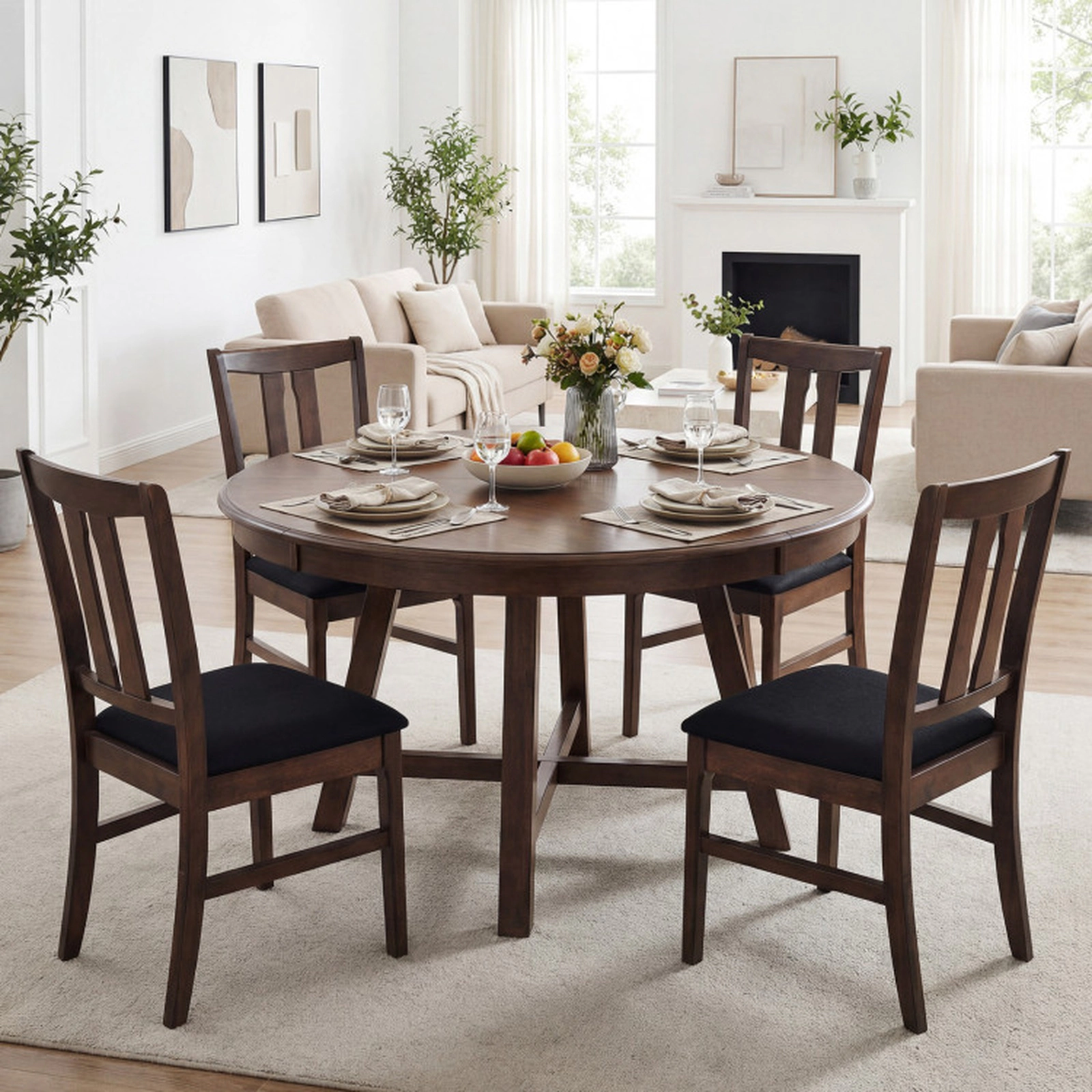 SUGIFT Set of 4 Walnut Upholstered High-Back Dining Chairs