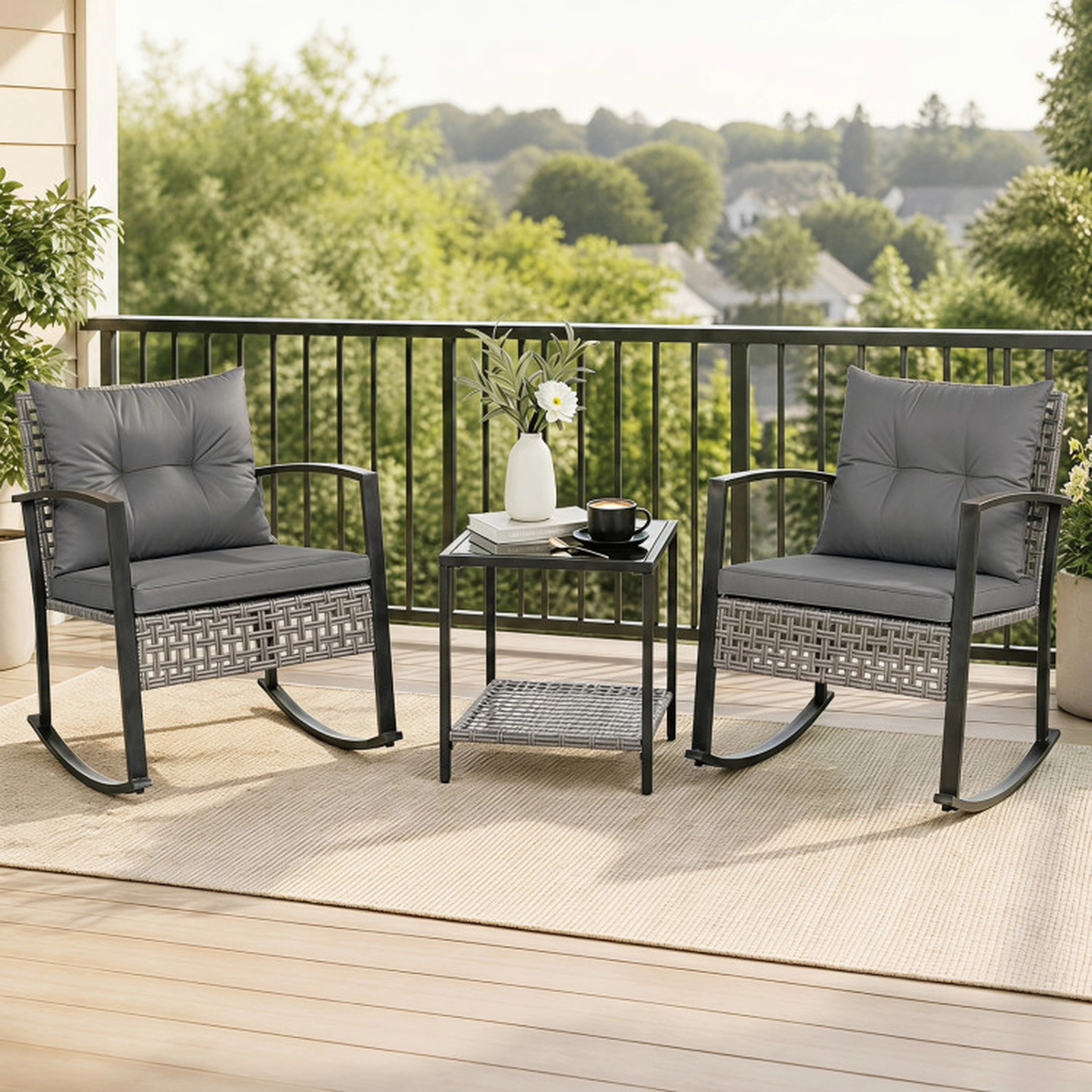 SUGIFT 3-Piece Gray Patio Rocking Chair Set with 2-Tier Glass-Top Table