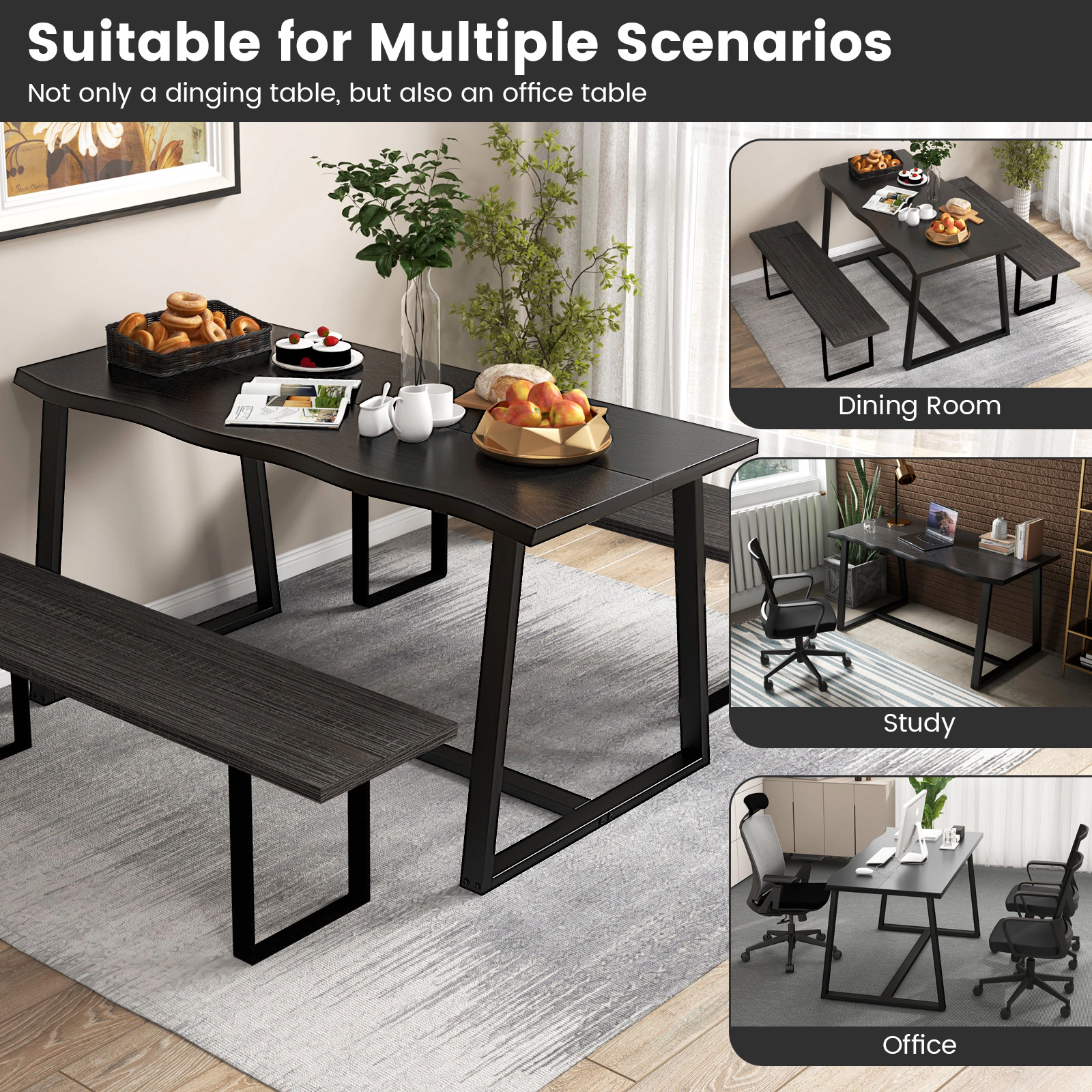 SUGIFT 63-in Large Wavy Edge MDF Dining Table with Heavy-Duty Metal Frame 220-lb Capacity Seats 4-6 Coffee/Black