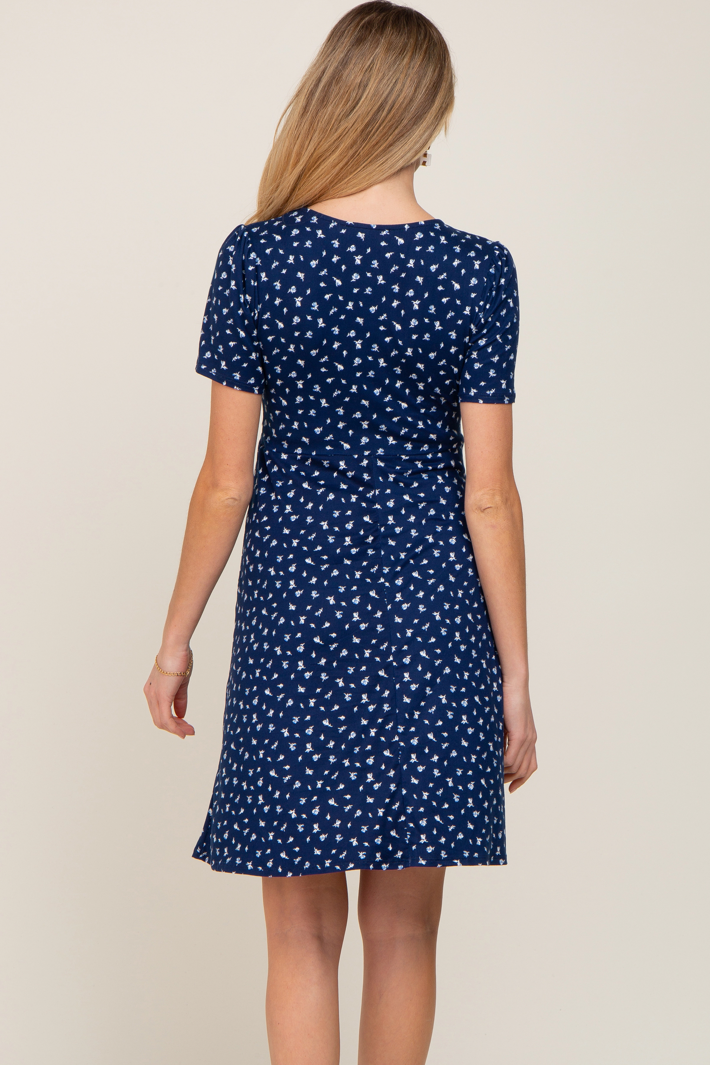 PinkBlush Womens Navy Floral Smocked Short Sleeve Maternity Dress