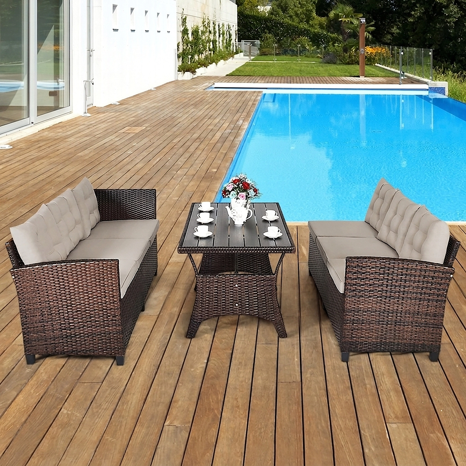 SUGIFT 51 in Dining Table 3-Piece Beige Hand-Woven Rattan Outdoor Sofa Set