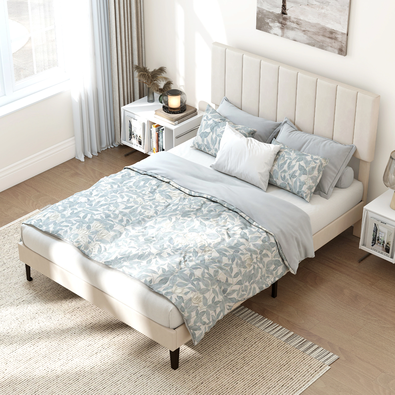 SUGIFT Velvet Upholstered Full Size Platform Bed Frame with 3-Level Adjustable Headboard 800-lb Capacity Beige