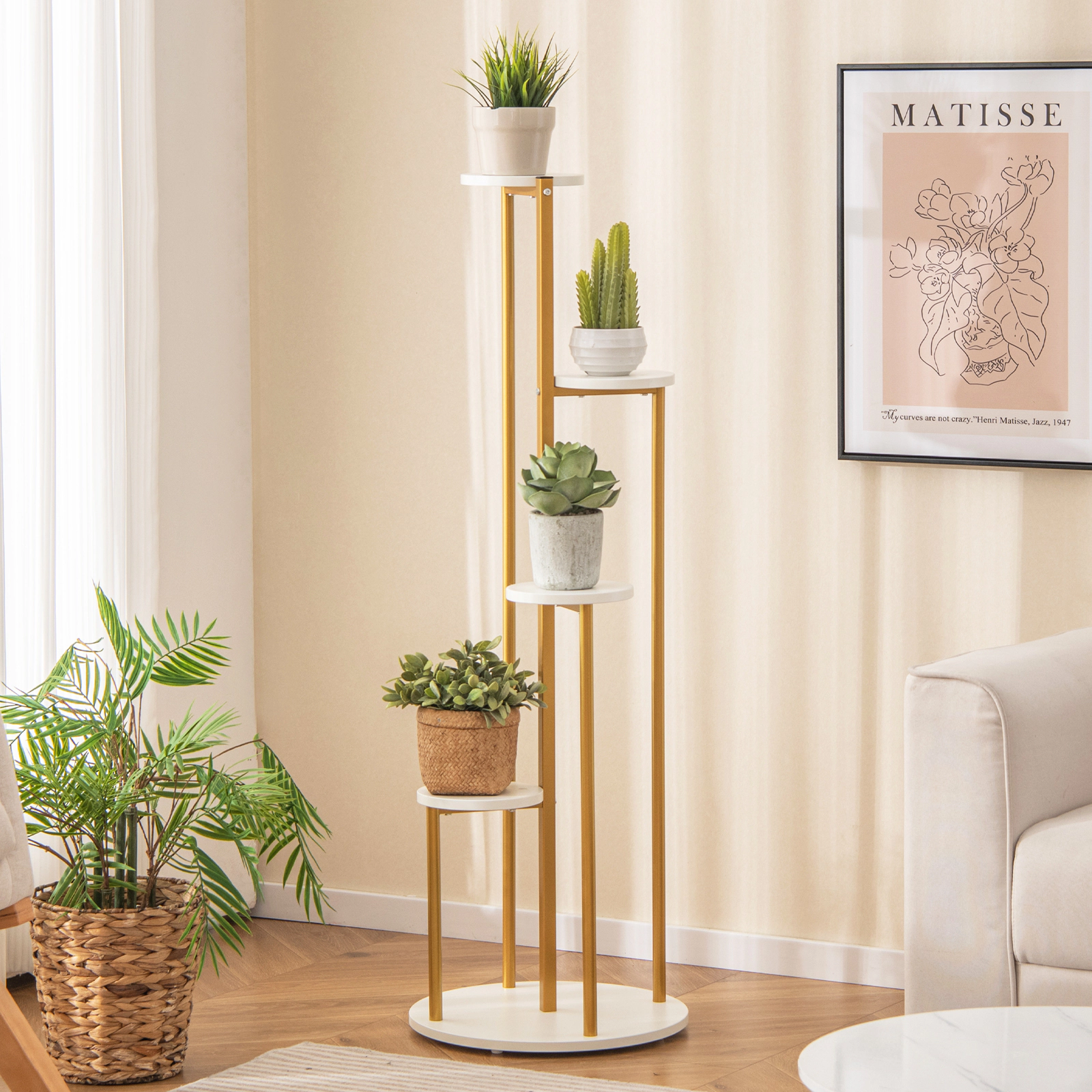 Slickblue 5-Tier Corner Plant Stand White MDF and Gold Metal Display Shelf