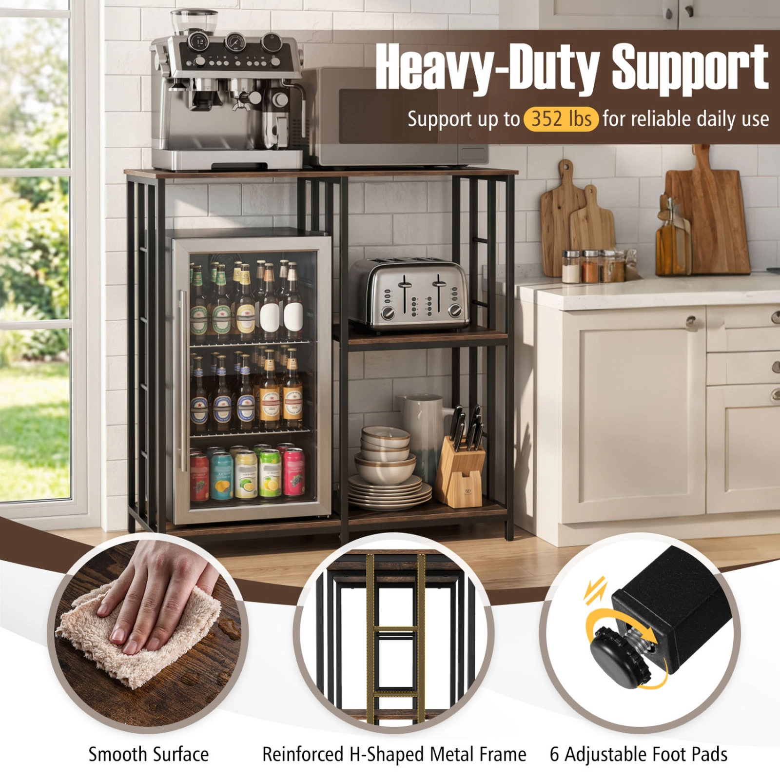 SUGIFT 40.5-in 3-Tier 220-lb Capacity Kitchen Bakers Rack with Open Shelves and Mini Fridge Compartment