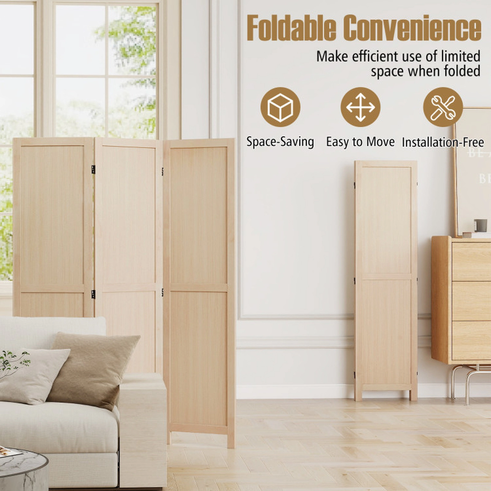SUGIFT 3 Panel Folding Room Divider with Rubber Wood MDF Frame 53-in Unfolded Width 17.5 x 67 x 2.5 in Folded Size Beige