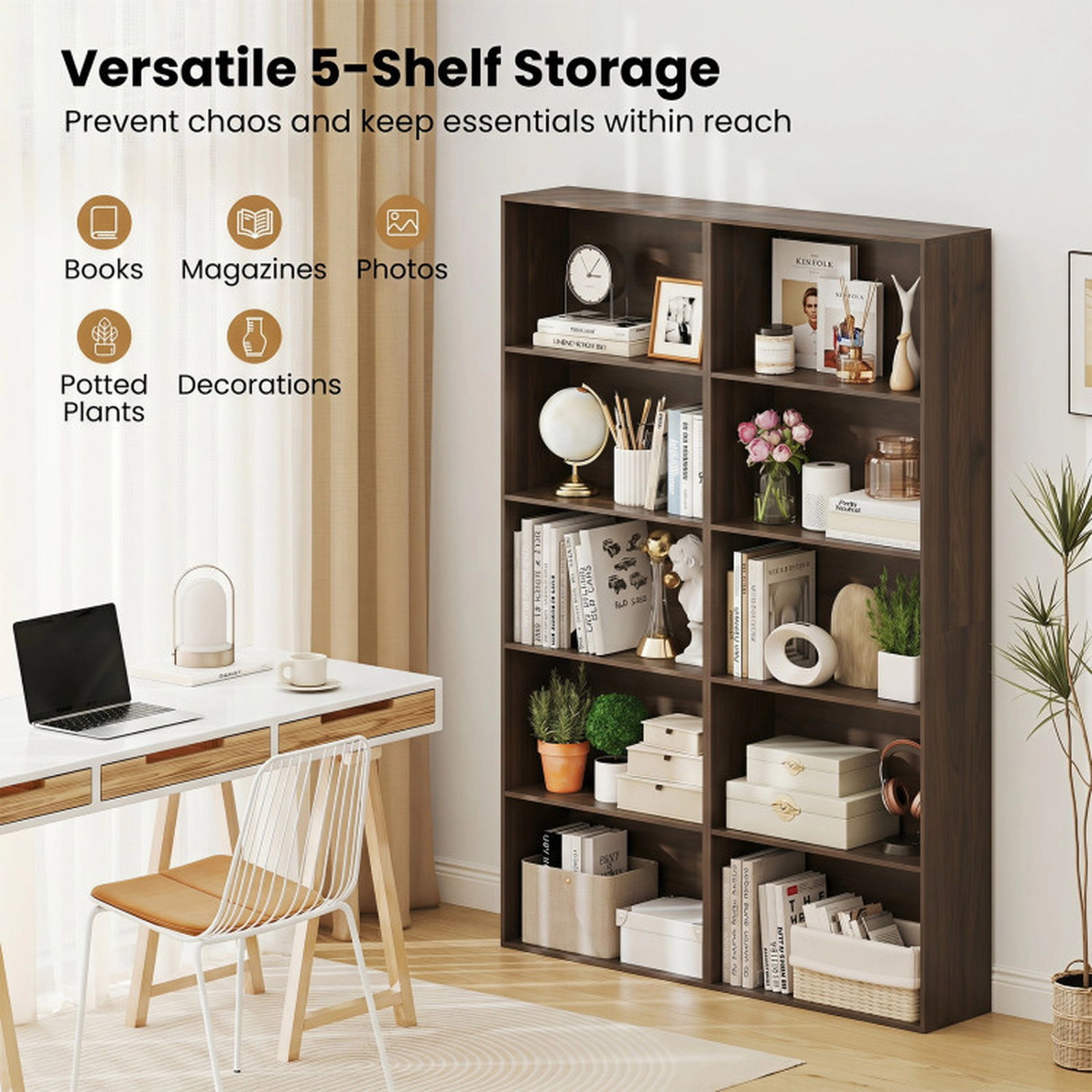 SUGIFT 5-Tier Freestanding Open Bookcase Bookshelf with 24-in Frame 45-lb Per Shelf Storage Organizer Dark Walnut