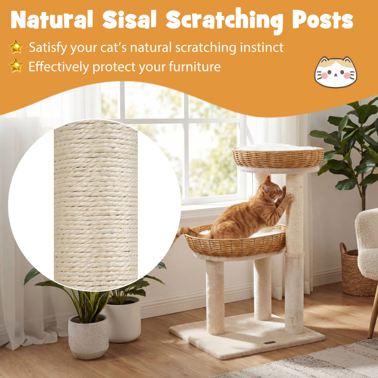 SlickBlue Unisex 30 Inch Rattan Cat Tower with 2 Baskets