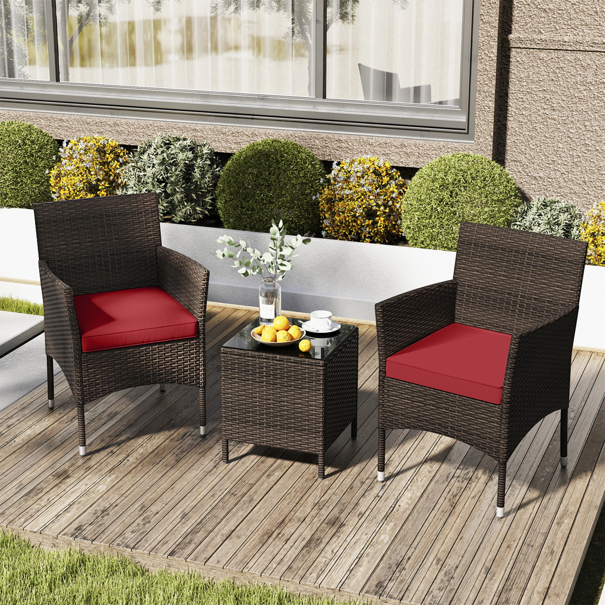 SUGIFT 3-Piece Outdoor PE Rattan Conversation Set with Cushions and Glass Tabletop 400-lb Chair Capacity Red