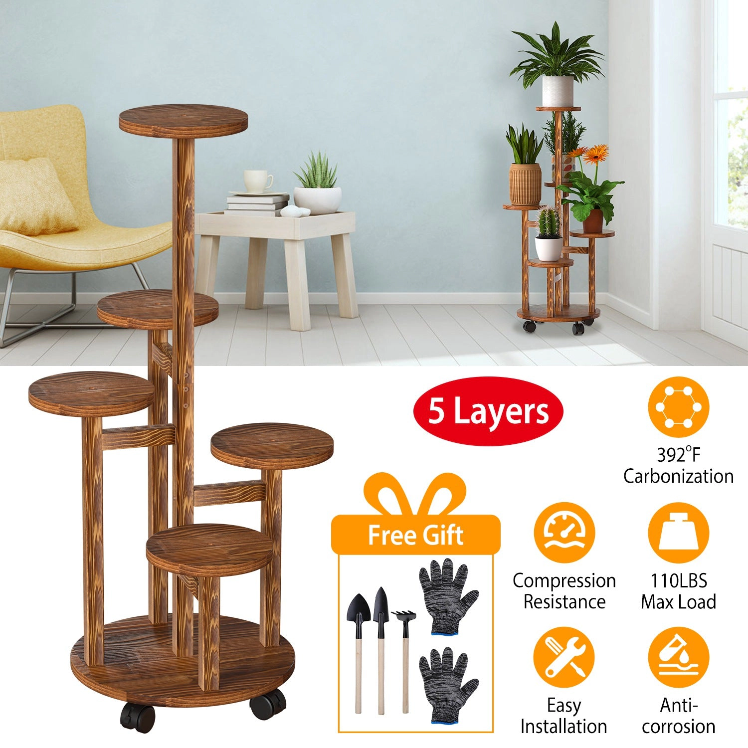 GBruno 5-Tier Rolling Plant Stand With Wheels
