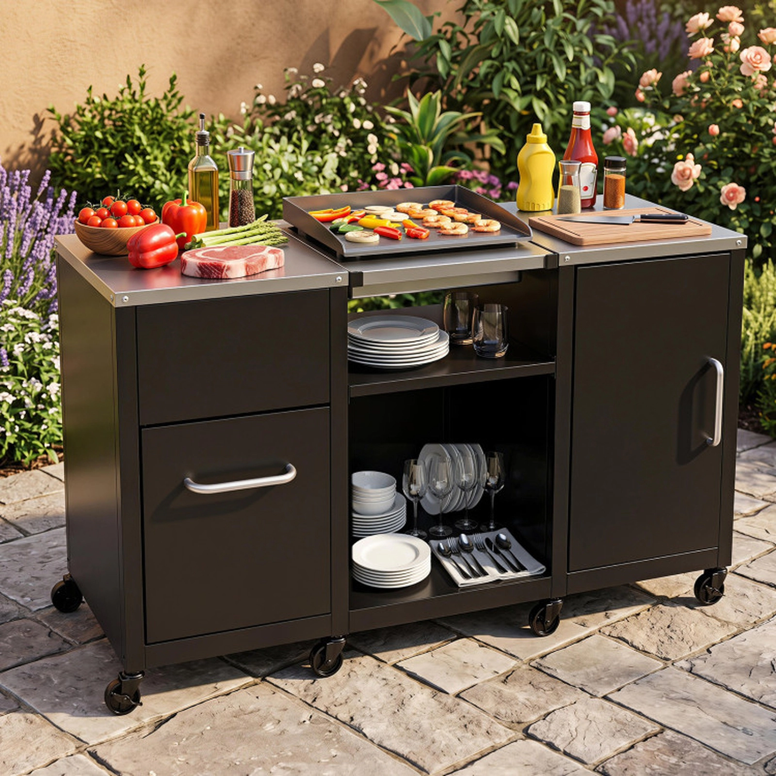 SUGIFT 880-lb Capacity 59-in Black Outdoor Grill Table with Stainless Top 3 Cabinets and 8 Wheels