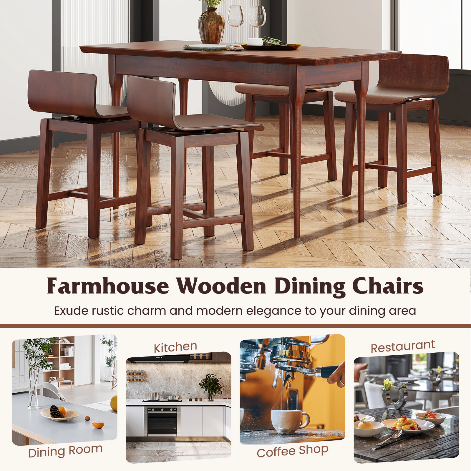 SUGIFT Walnut Swivel Low Back Curved Seat Footrest Set of 2 Dining Chairs