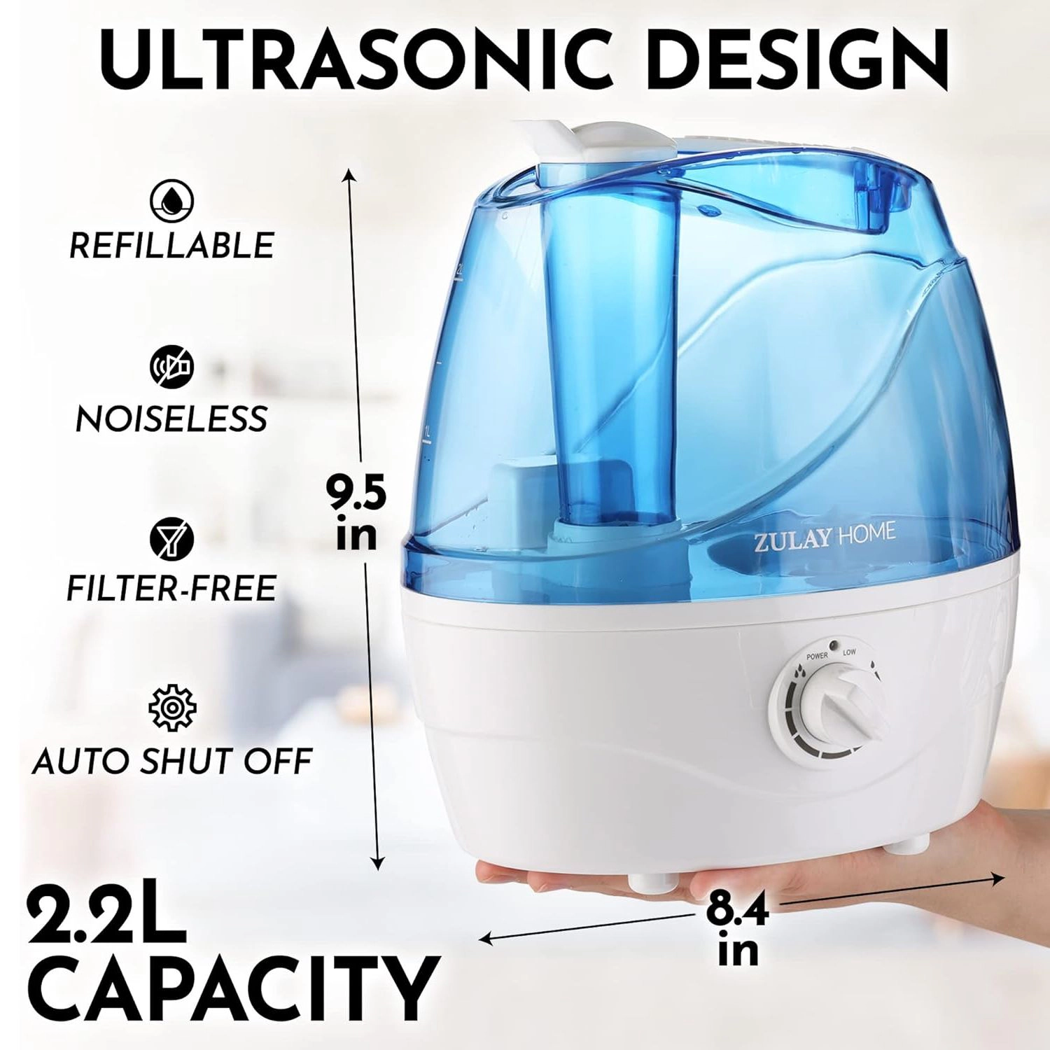 Zulay Home Cool Mist Humidifiers For Bedroom (2.2L Water Tank) - Quiet Ultrasonic with Auto Shutoff Feature