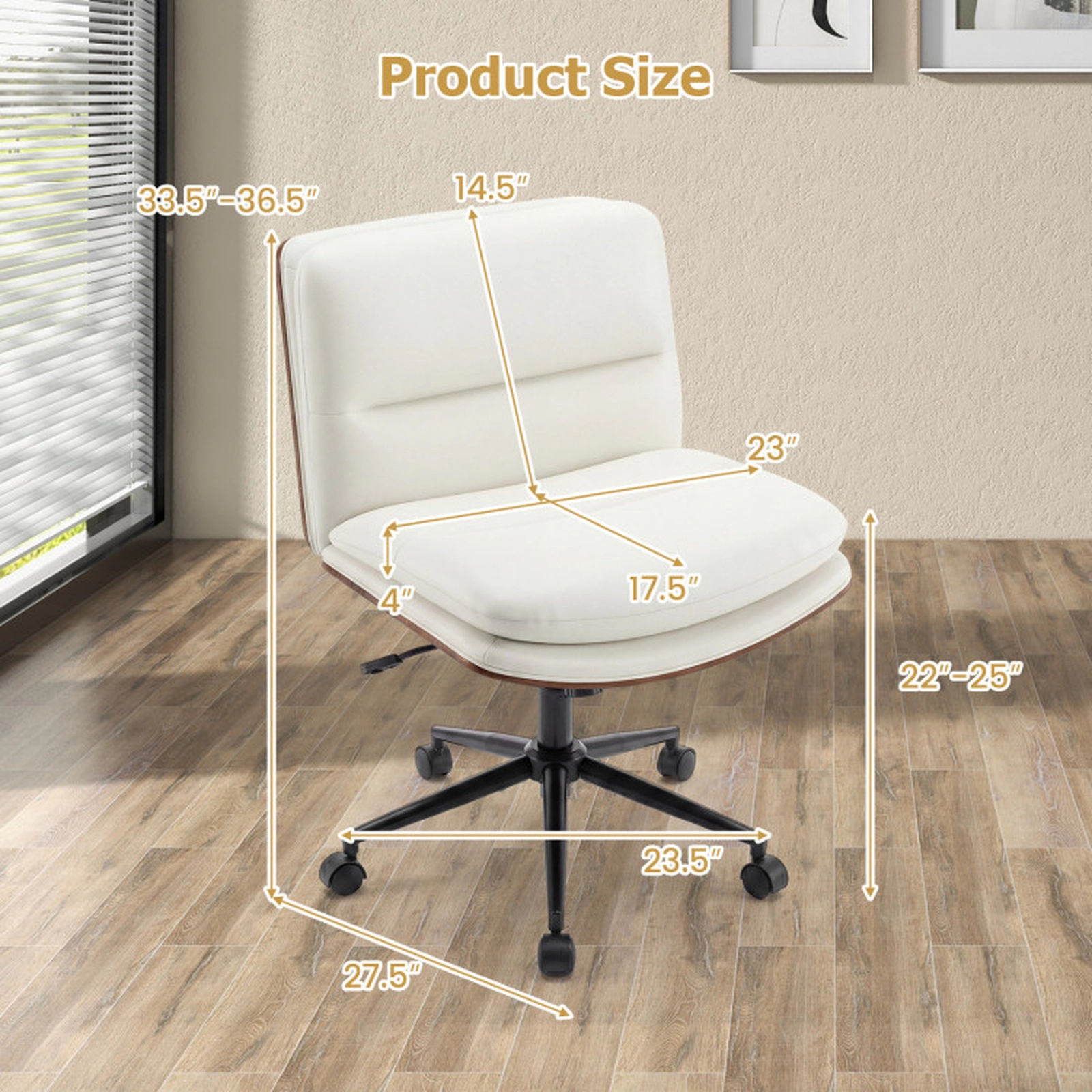 SUGIFT Armless Curved Backrest 23-in Wide Padded Seat Rocking Swivel Office Chair 27.5-in x 23.5-in 245-lb White