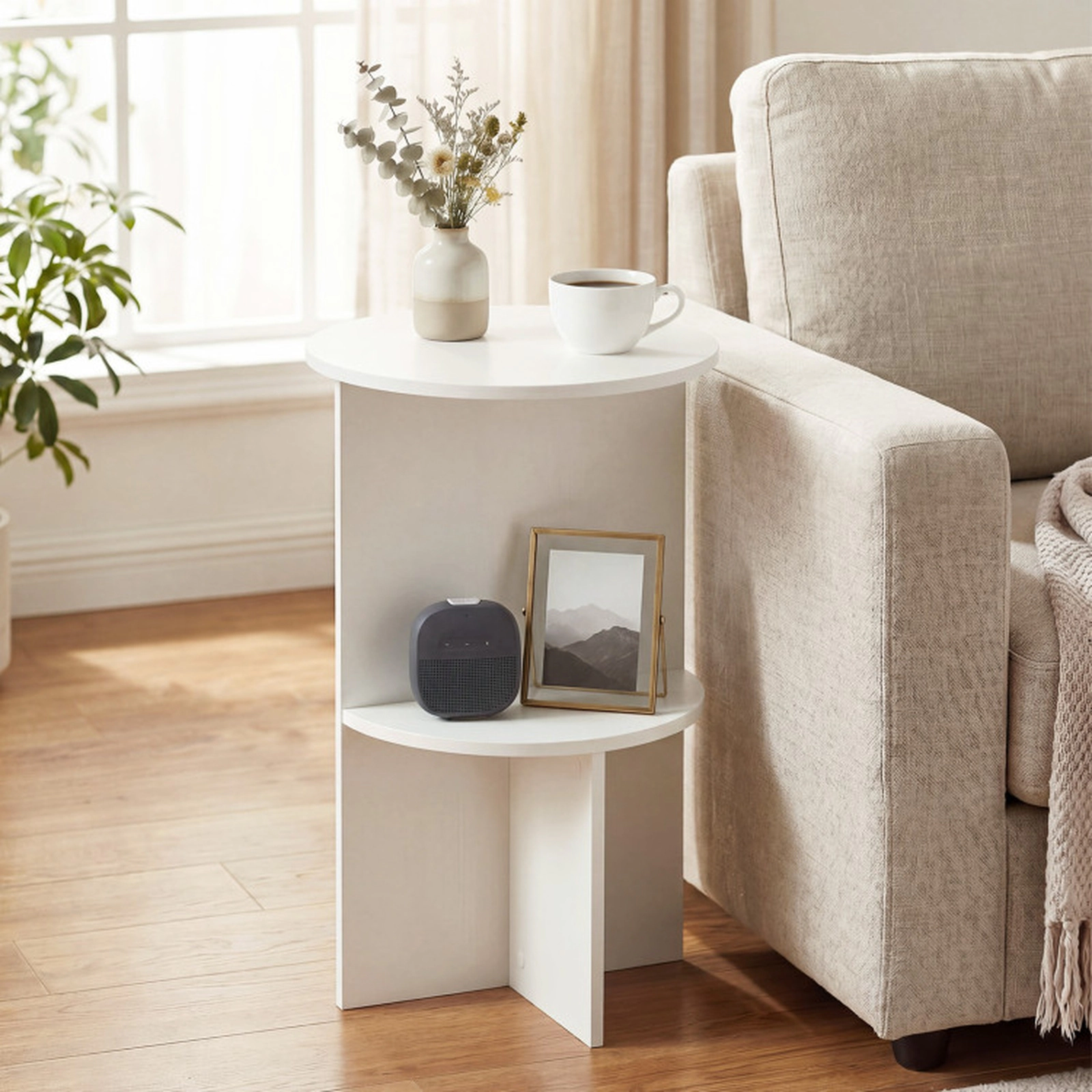SUGIFT 2-Tier Round Side Table Storage Shelf 66-lb Tabletop Capacity 33-lb Shelf Capacity Small-Space Accent Table White