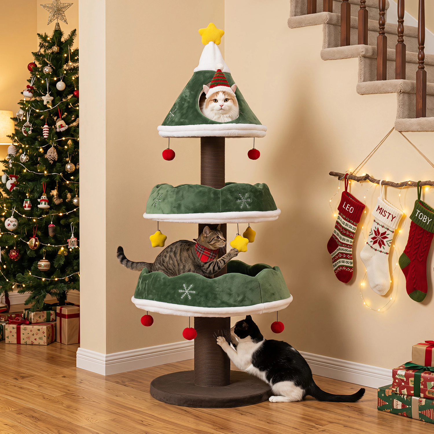 LJG 56.5 Inch Multi-Level Cat Tower with Fully-Wrapped Scratching Posts