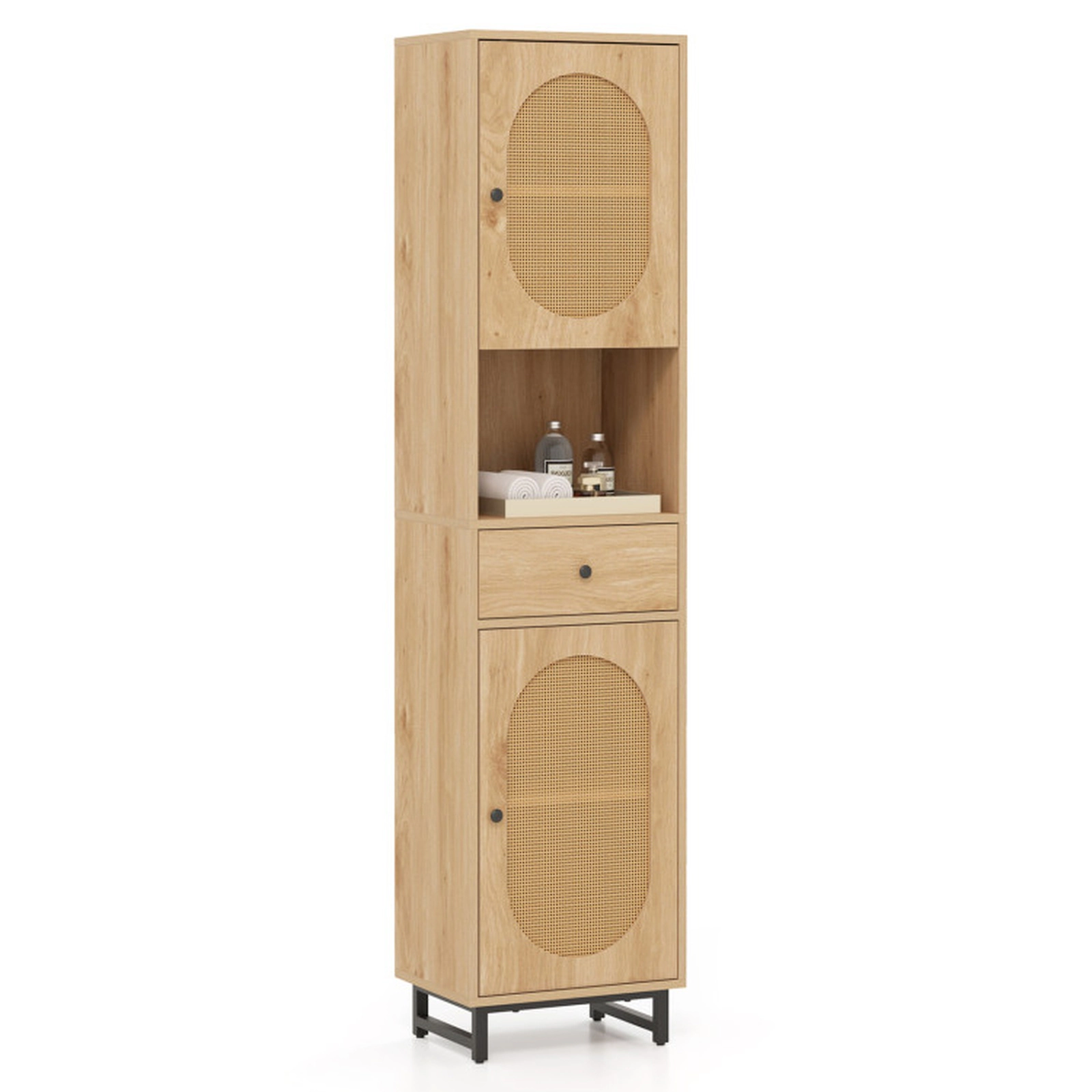 SUGIFT 67-in Tall PE Rattan Bathroom Floor Cabinet with Drawer 33-lb Shelf Capacity 22-lb Drawer Capacity Natural
