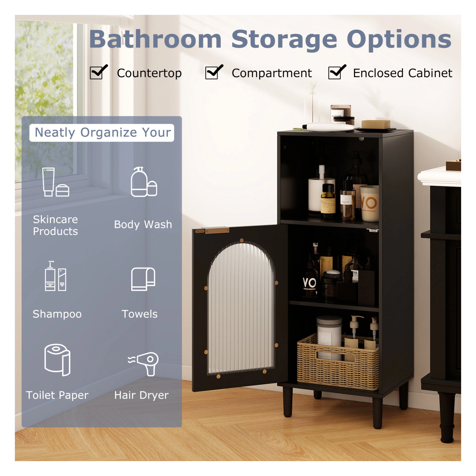 Glintex Bathroom Side Cabinet with Wavy Tempered Glass Door and Solid Wood Legs