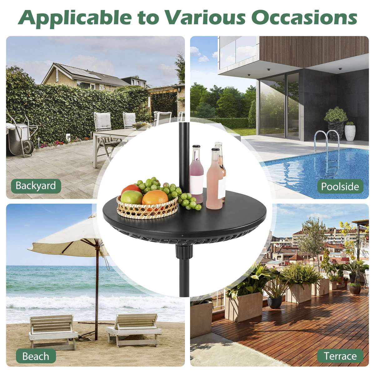 SUGIFT Black 3 Pole Adapters ABS 23-in Patio Umbrella Table Tray