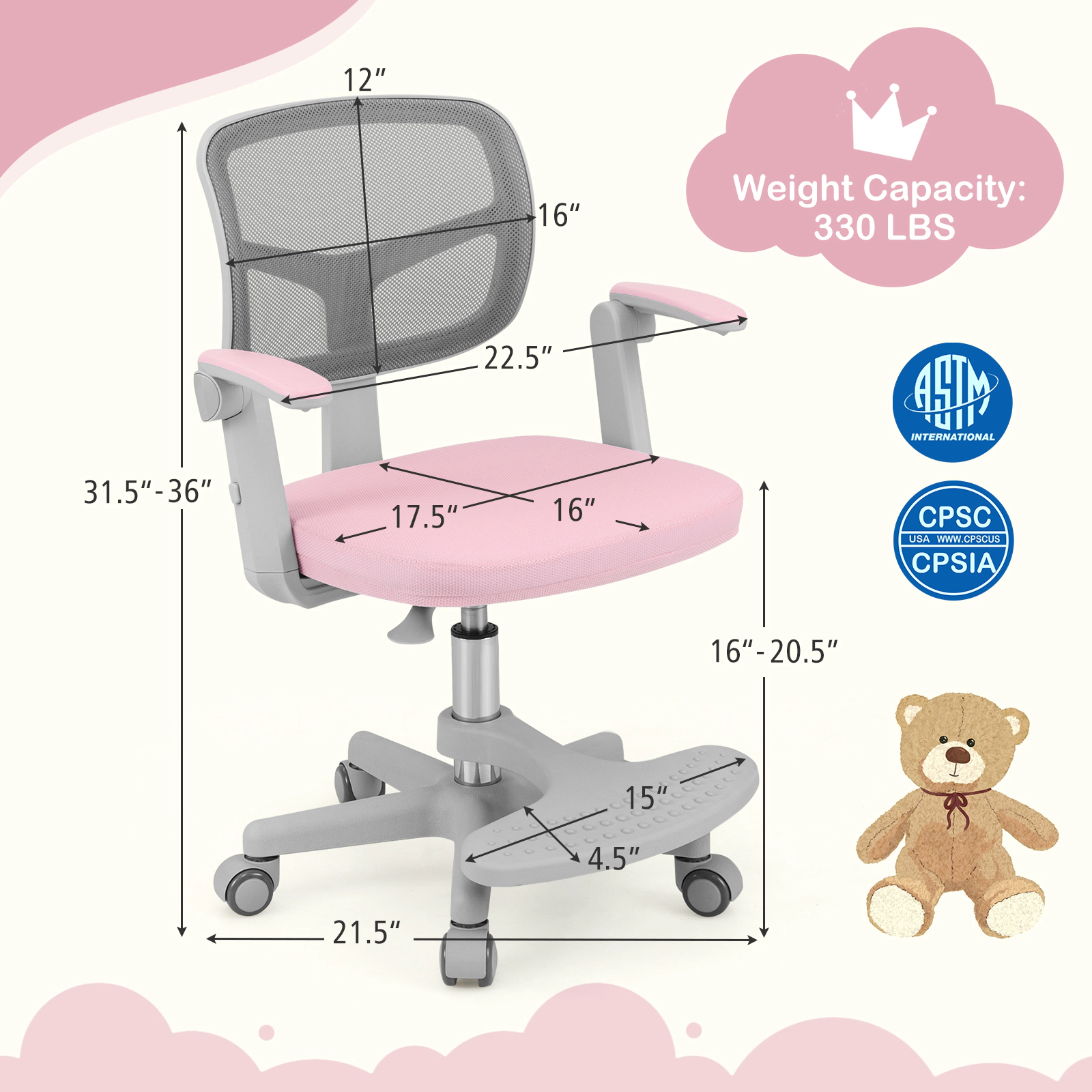 SUGIFT Adjustable Kids Study Desk Chair with Swivel Seat Armrests & Footrest 330-lb Capacity 22.5 x 21.5 x 31.5 in Pink