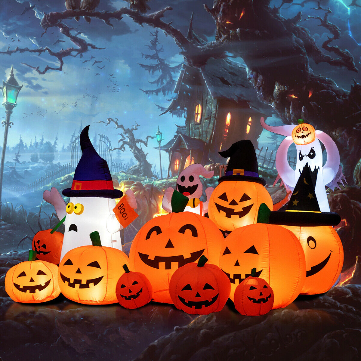 LJG 7.5 Feet Halloween Inflatable 7 Pumpkins Patch with LED Lights