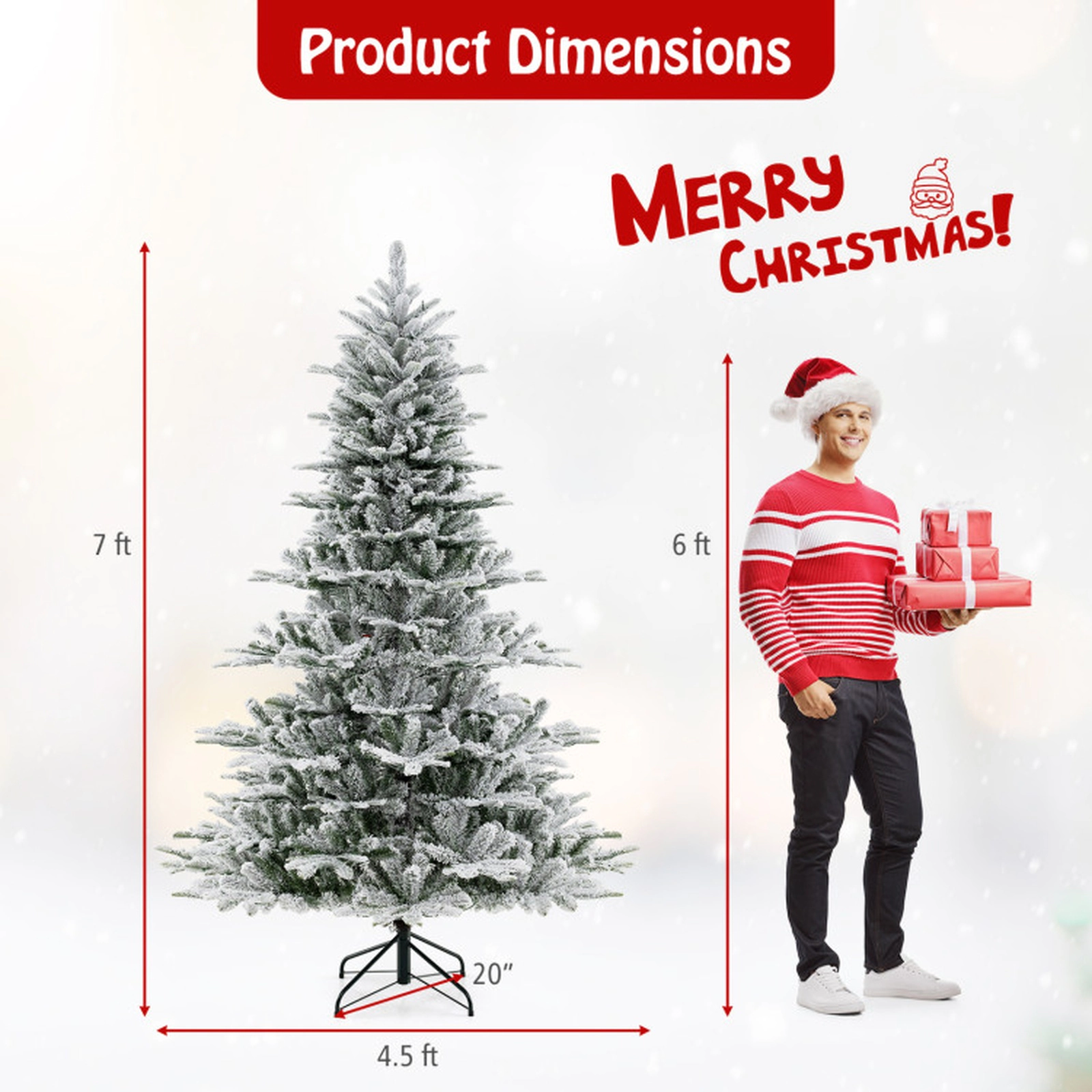 SUGIFT Snow Flocked Artificial Christmas Tree with Cool White LED Lights 7-ft Hinged Green+White