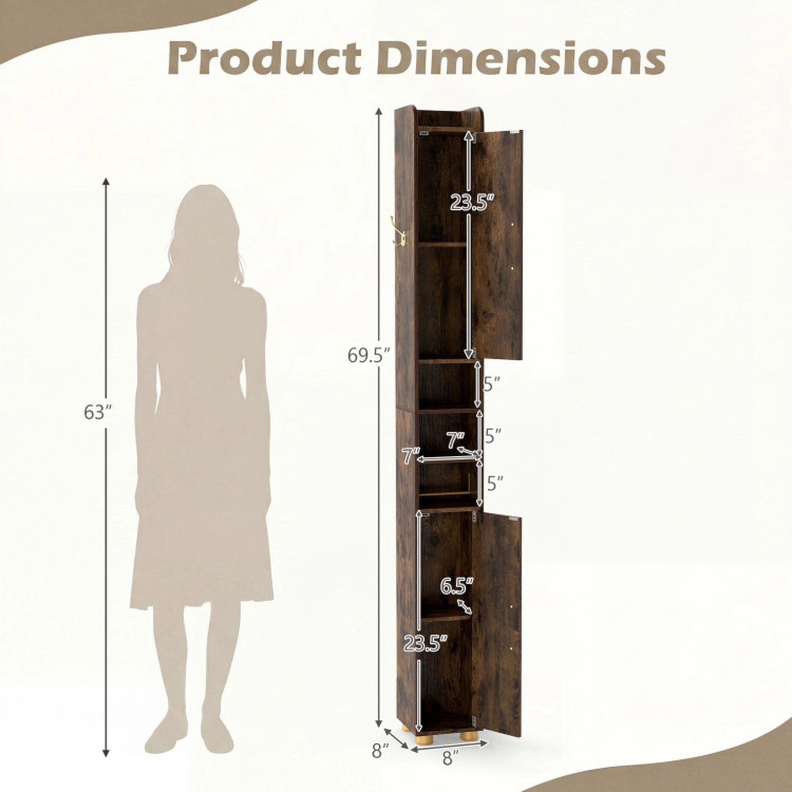 SUGIFT Narrow 8 x 8 in Bathroom Storage Cabinet with Open Shelves, Toilet Paper Holder and 4.5-lb Hook Capacity Brown