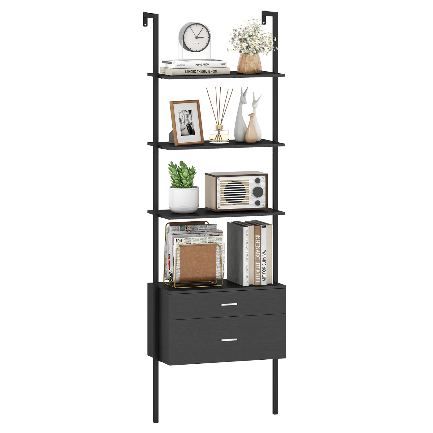 LJG 6-Tier Ladder Bookcase with 2 Drawers and Metal Frame