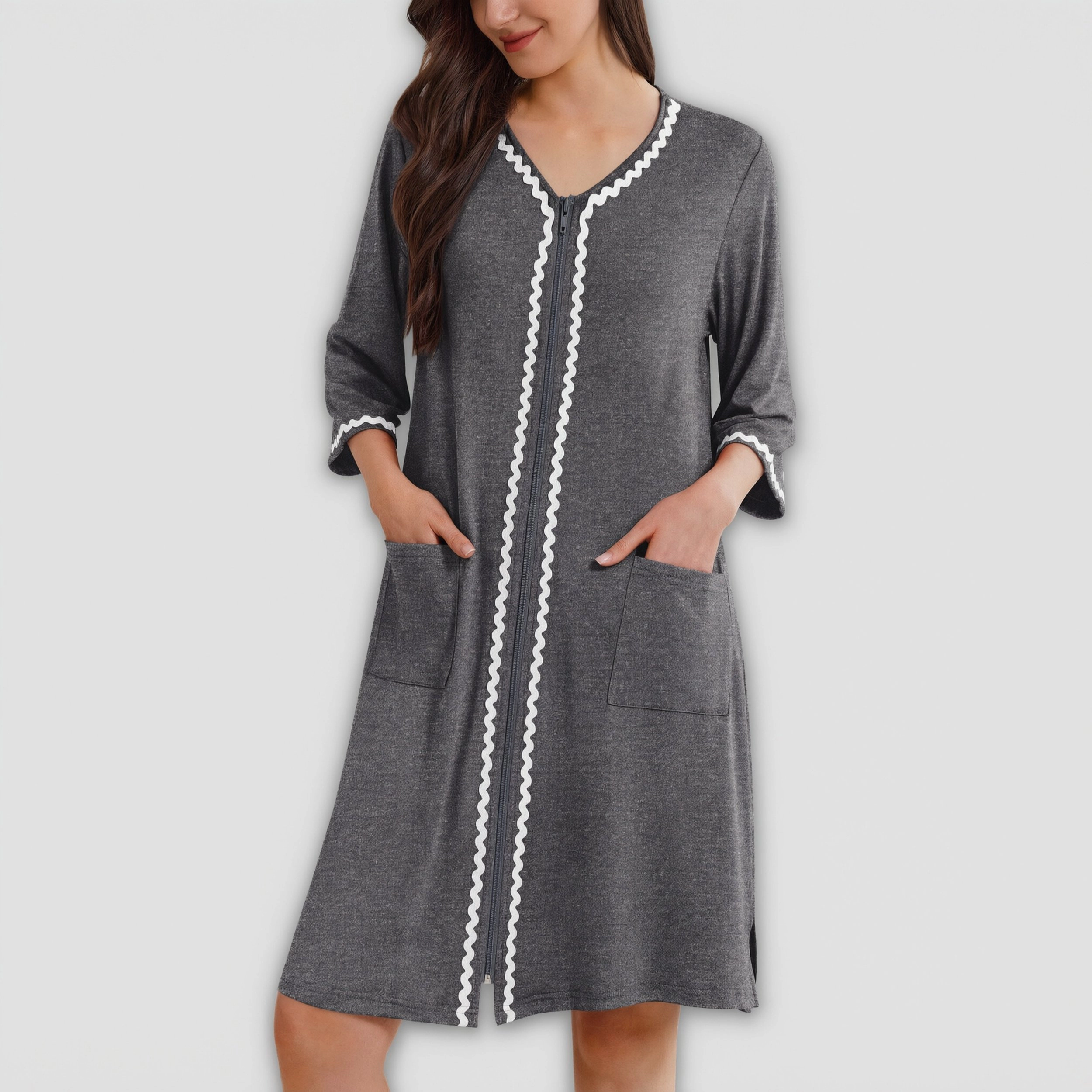 Ekouaer Zipper Robes for Women 3/4 Sleeves Lightweight House Coat Zip Up Bathrobe Soft Nightgown
