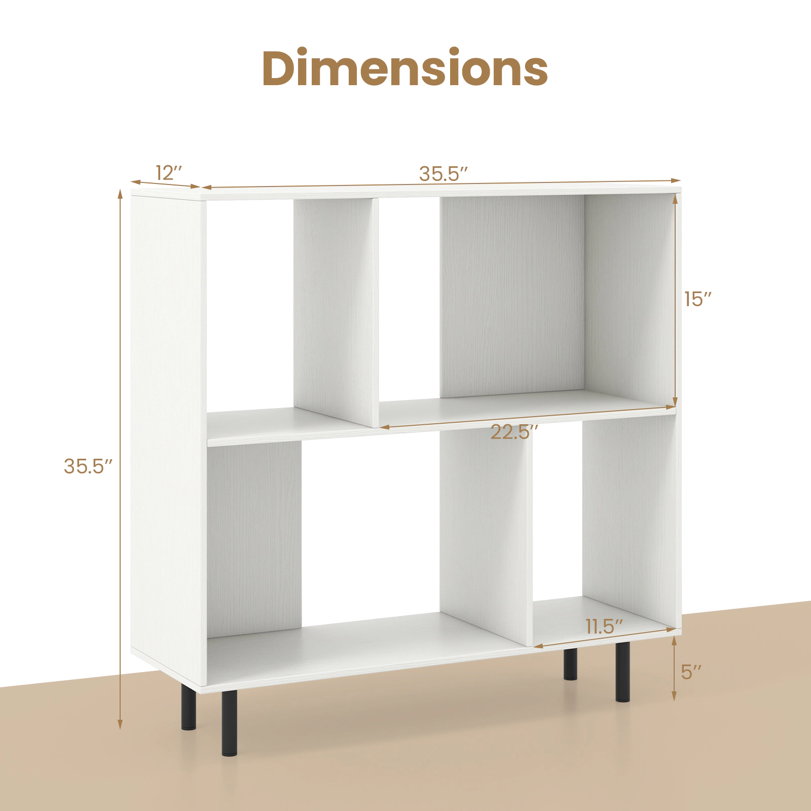 SUGIFT White Open Shelf Bookcase with 4 Compartments and Raised Metal Legs