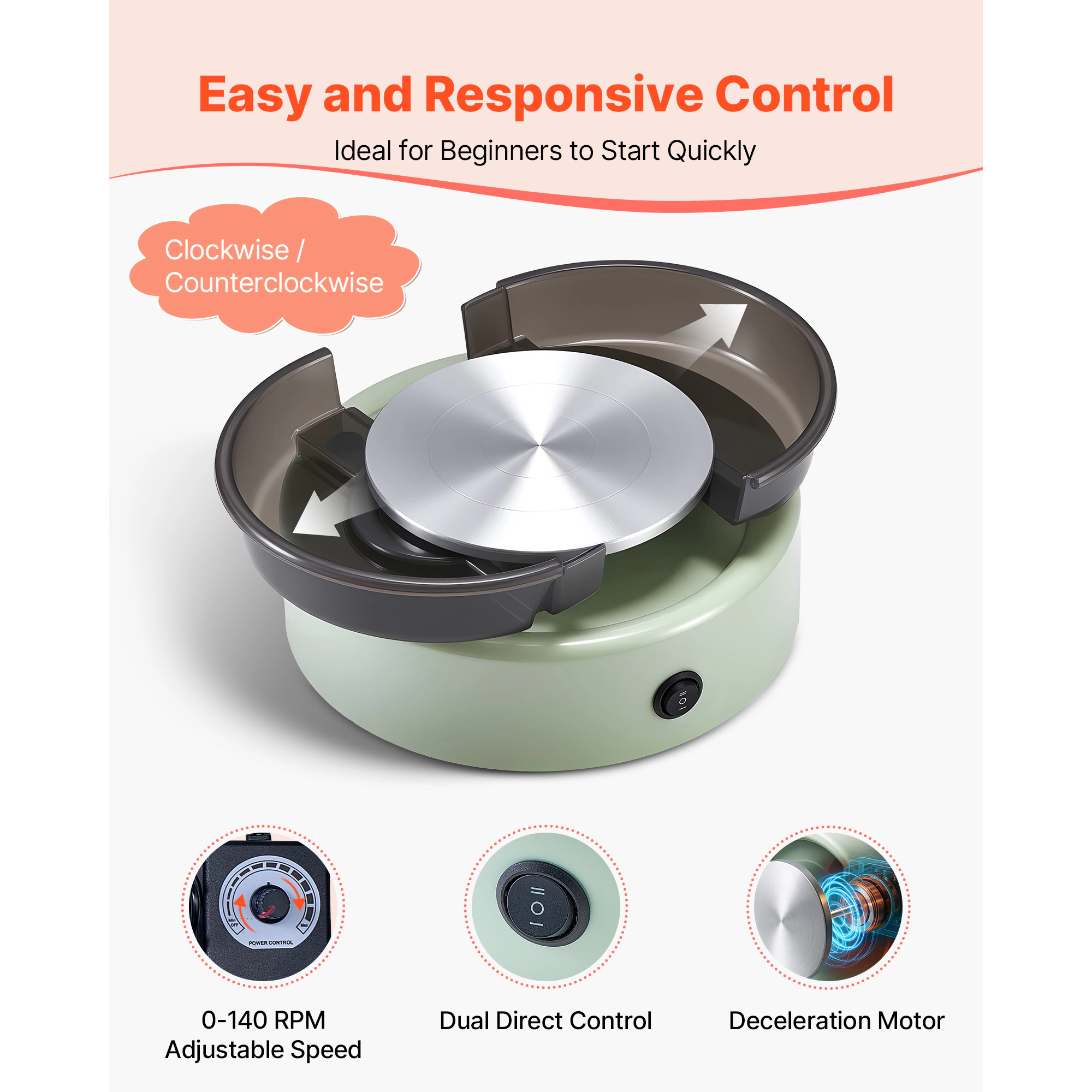 HONGGE Mini Pottery Wheel 6 inch Turntable Forward and Reverse Rotation Adjustable Speed Electric Clay for Kids