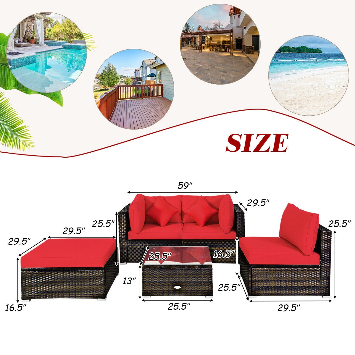 LJG 5 Pcs Outdoor Patio Rattan Furniture Set Sectional Conversation with Navy Cushions