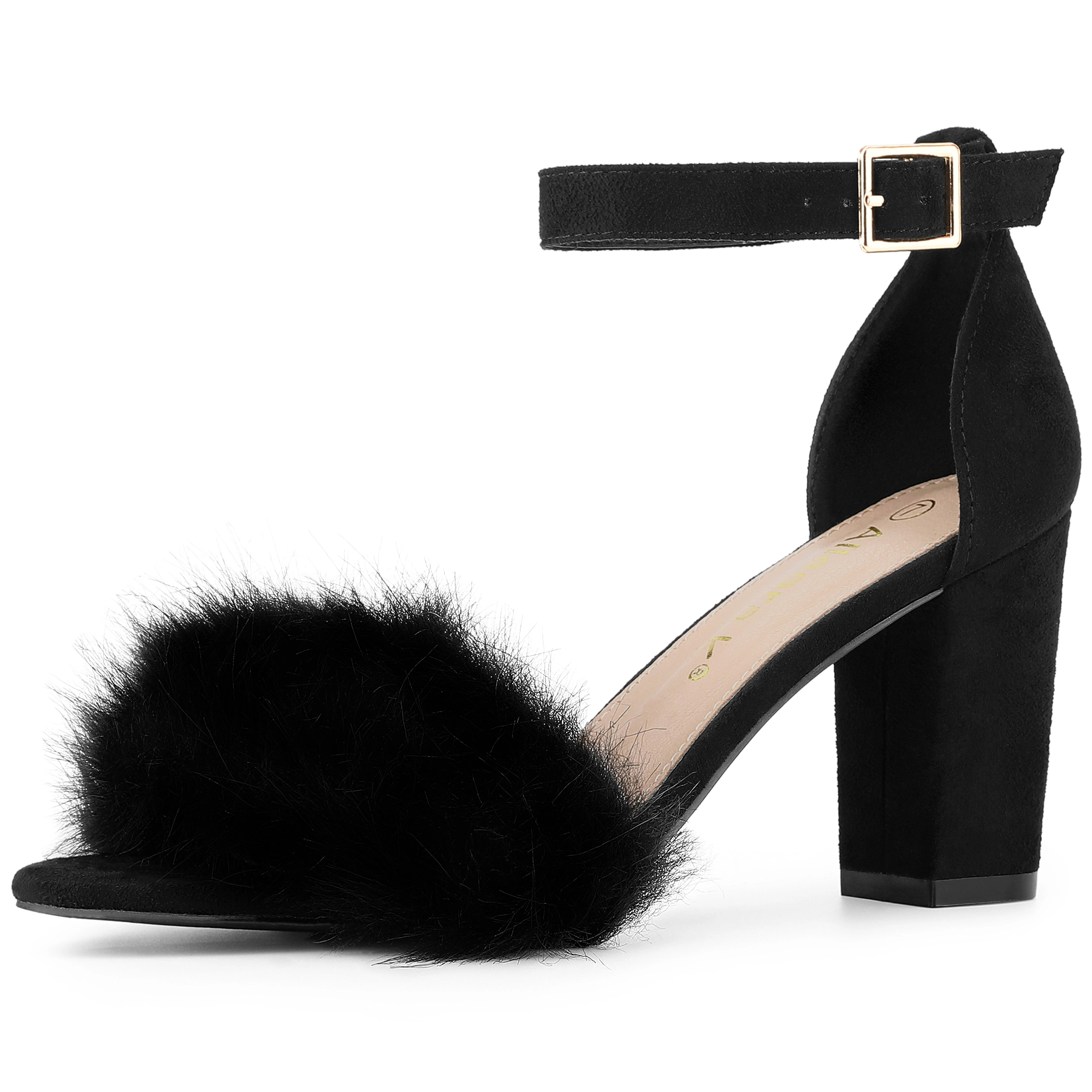 BLISSFUL STEP Women's Faux Suede Fur Ankle Strap Buckle Block Heels Sandals