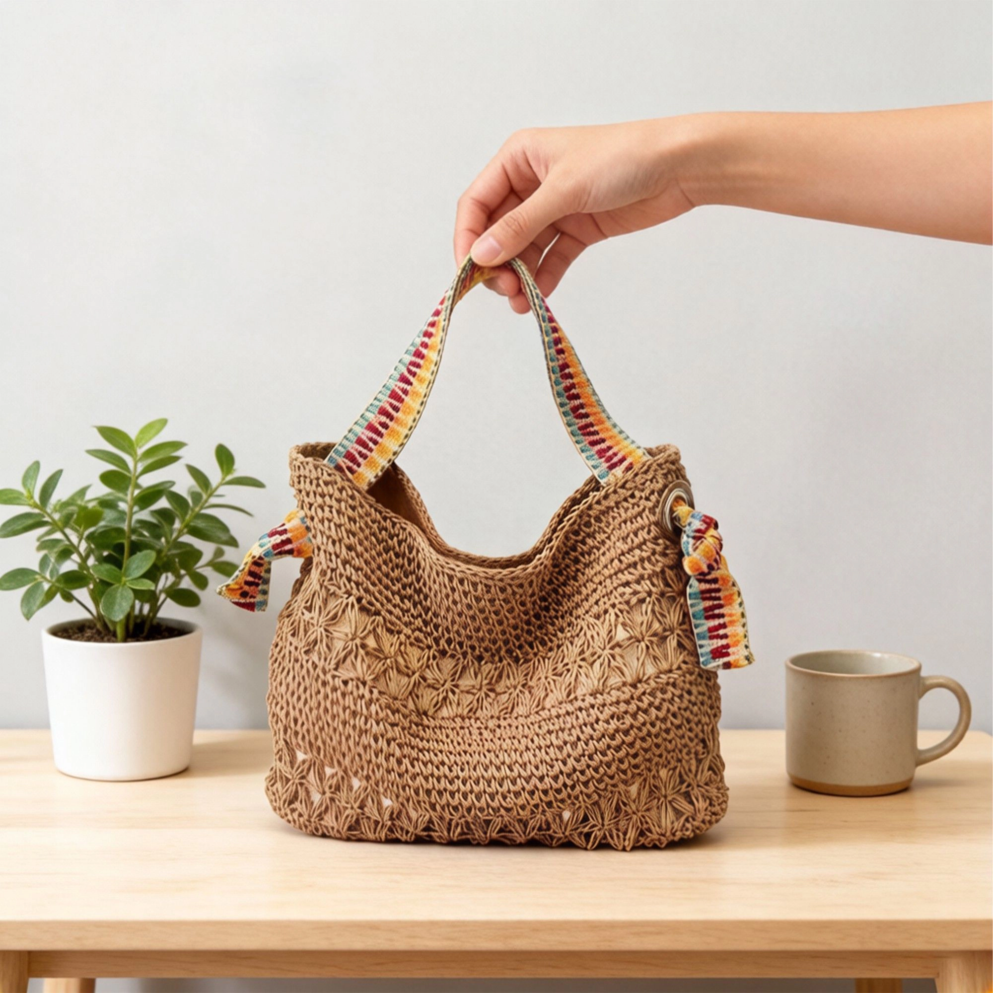 Alilang Women's Crochet Shoulder Bag with Woven Strap Textured Knit Hobo Handbag Slouchy Boho Tote Everyday Carryall