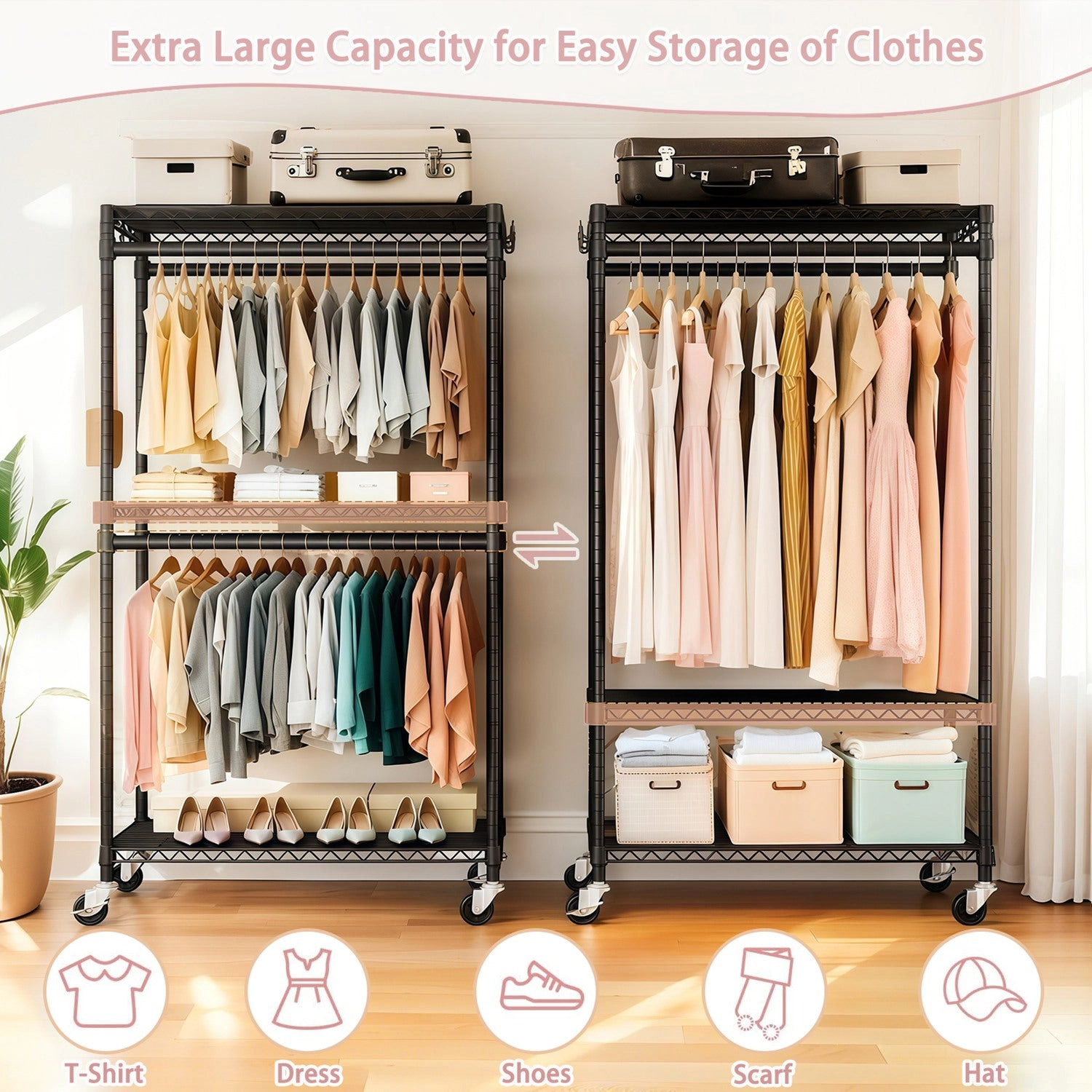 GBruno Heavy Duty Rolling Clothes Rack With Shelves