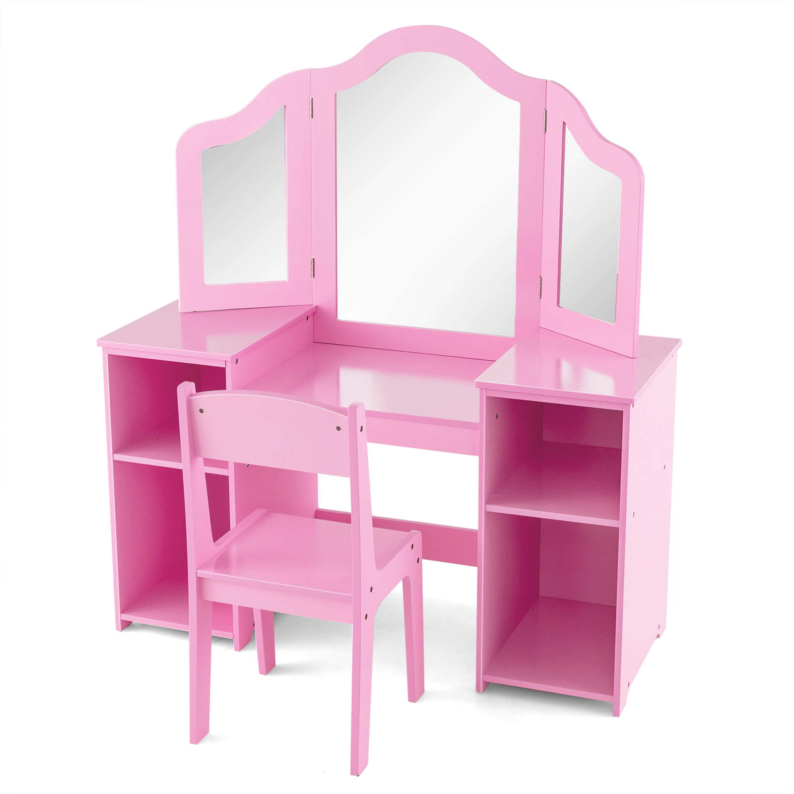 SUGIFT Removable Tri-Folding Mirror and 4 Cubbies Kids Vanity Table Chair Set