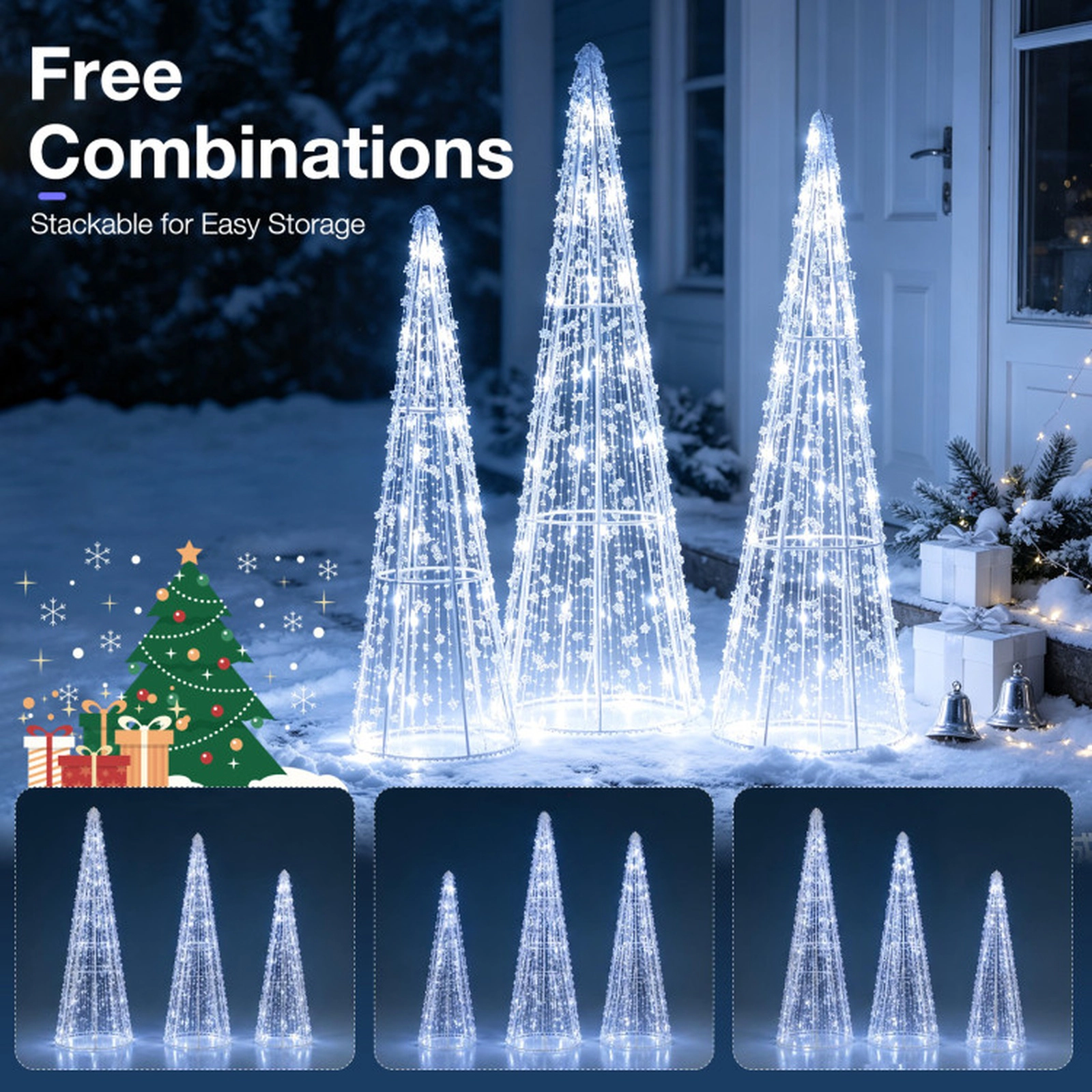 SUGIFT Set of 3 Pre-lit Christmas Cone Trees with Star Strings Metal PS PVC Cold White