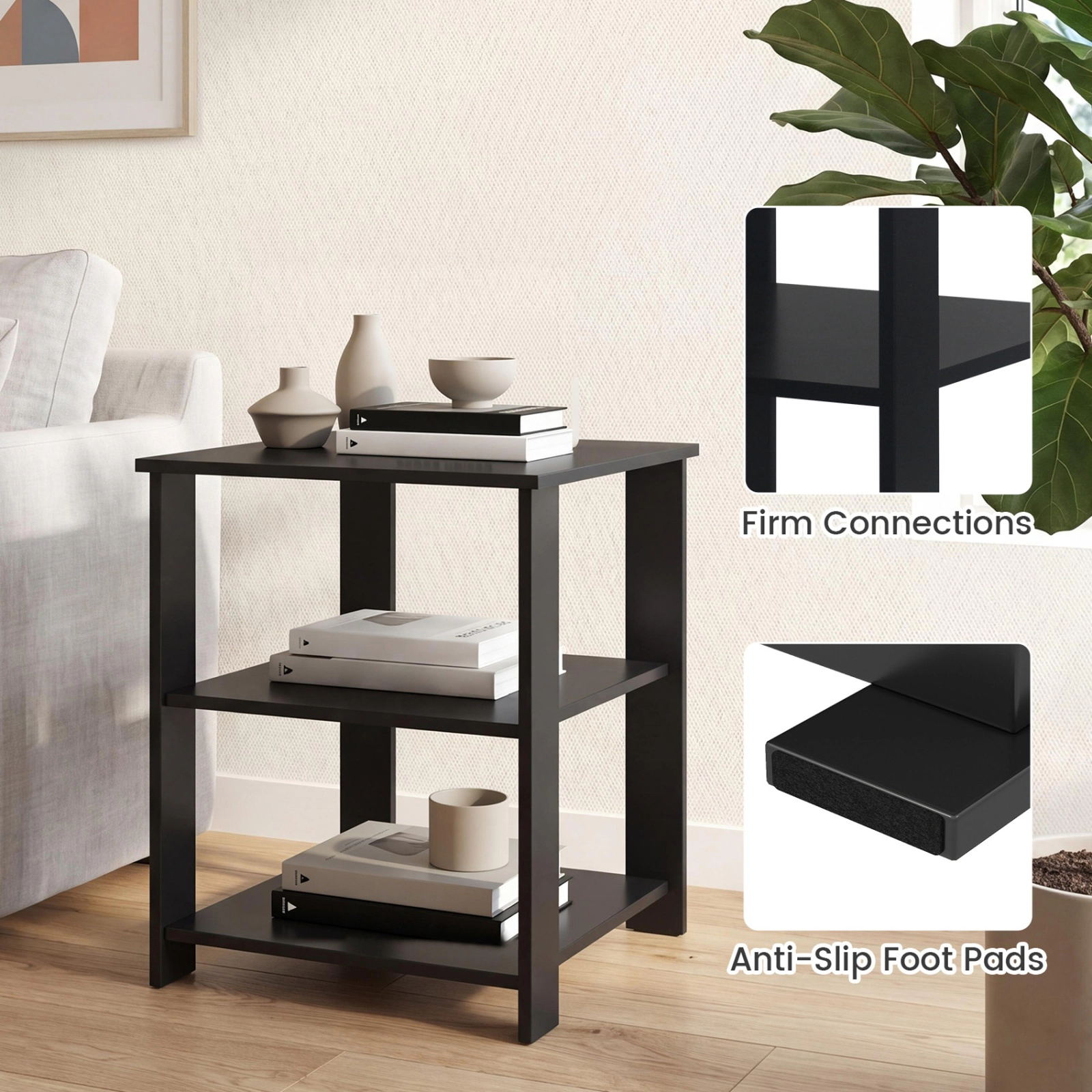 SUGIFT Black 16-Inch Square 3-Tier Nightstand with Open Shelves