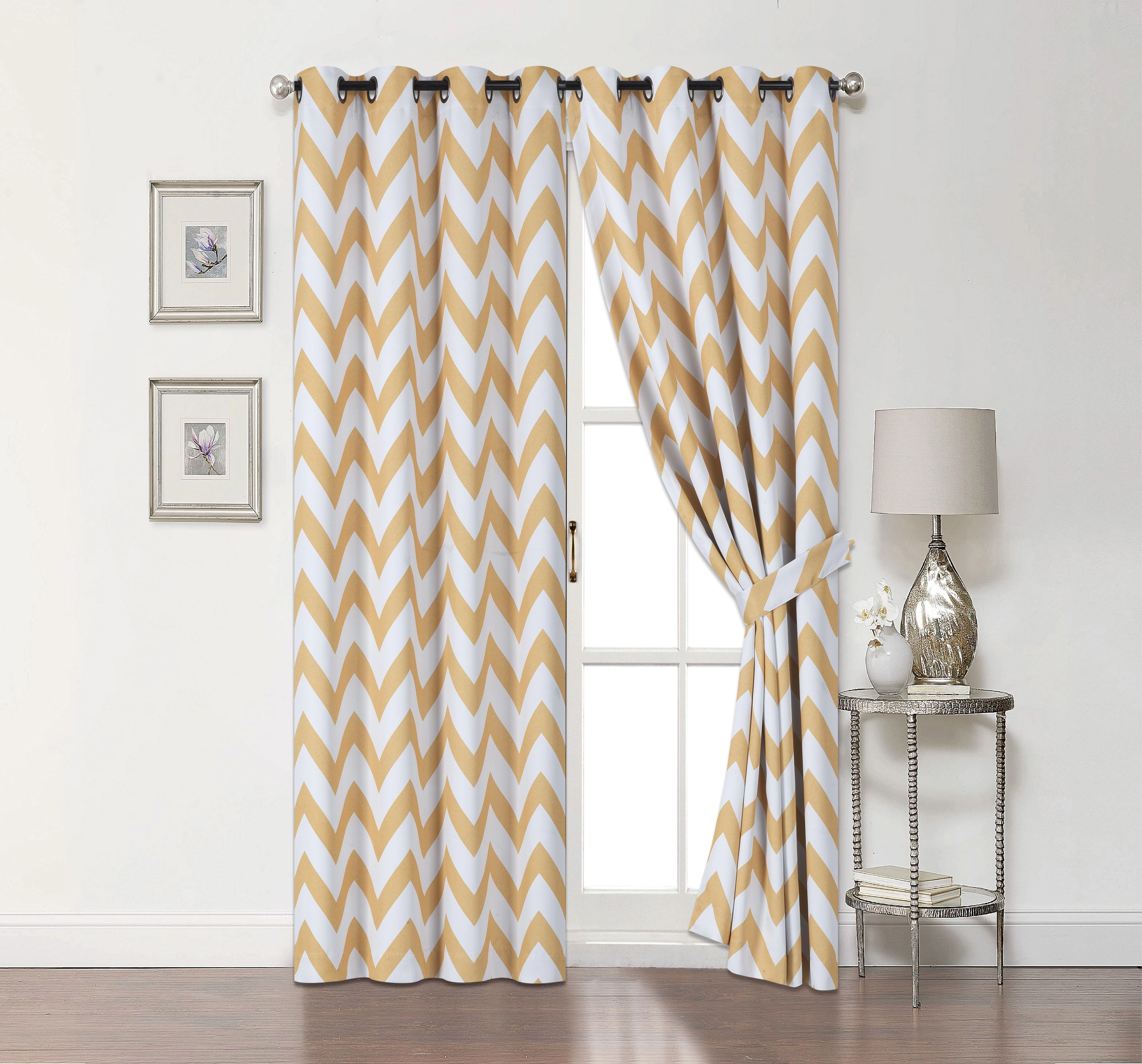 Kate Aurora 2 Piece Yellow Chevron Room Darkening Grommet Top Window Curtain Panels