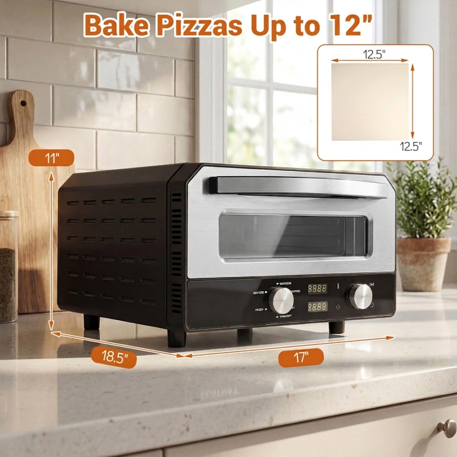 SUGIFT Rapid High Heat Indoor Electric Pizza Oven 1700W 175-750 F 6 Presets 12.5-in Stone for 12-in Pizzas Black