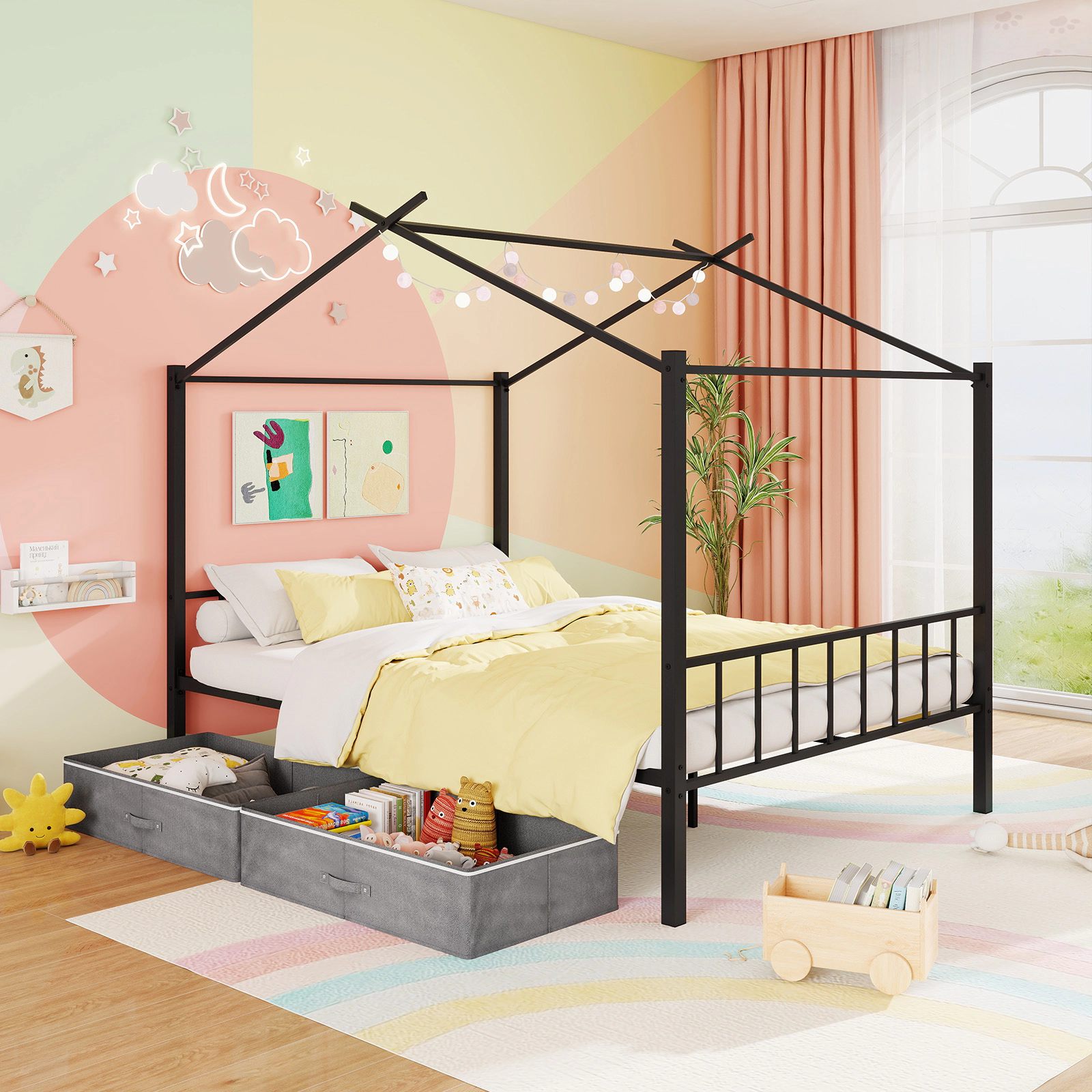 SUGIFT Full-Size Metal House Bed for Kids, 2 Zippered Drawers, Black