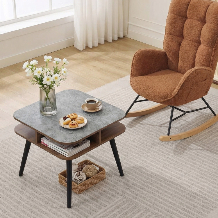Hivvago Side Table Faux Marble End Table With Storage Shelves And Rubber Wood Legs