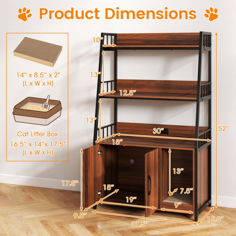 SUGIFT Cat Litter Box Enclosure with Storage Shelves and Scratching Pad 88-lb Cabinet Capacity Rustic Brown + Black