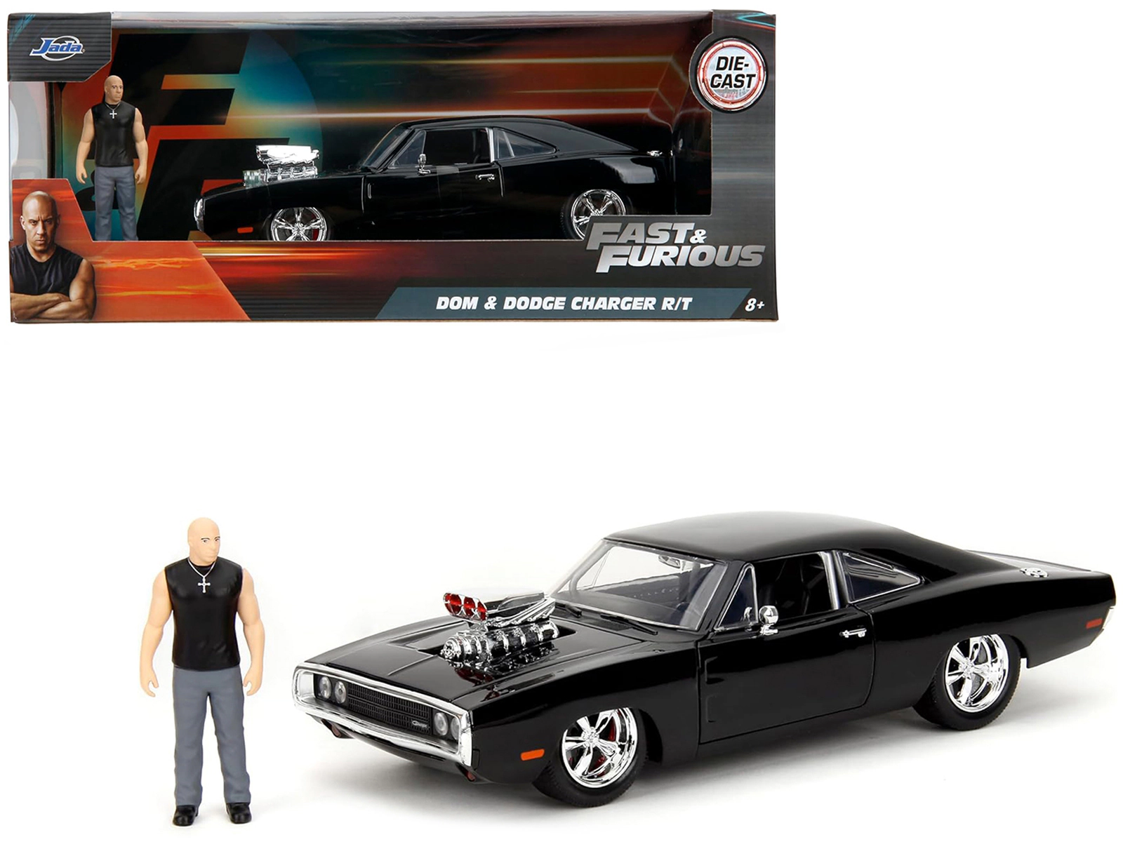 Jada Dodge Charger R/T Black with Dom Diecast Figure "Fast & Furious" (2009) Movie "Hollywood Rides" Series