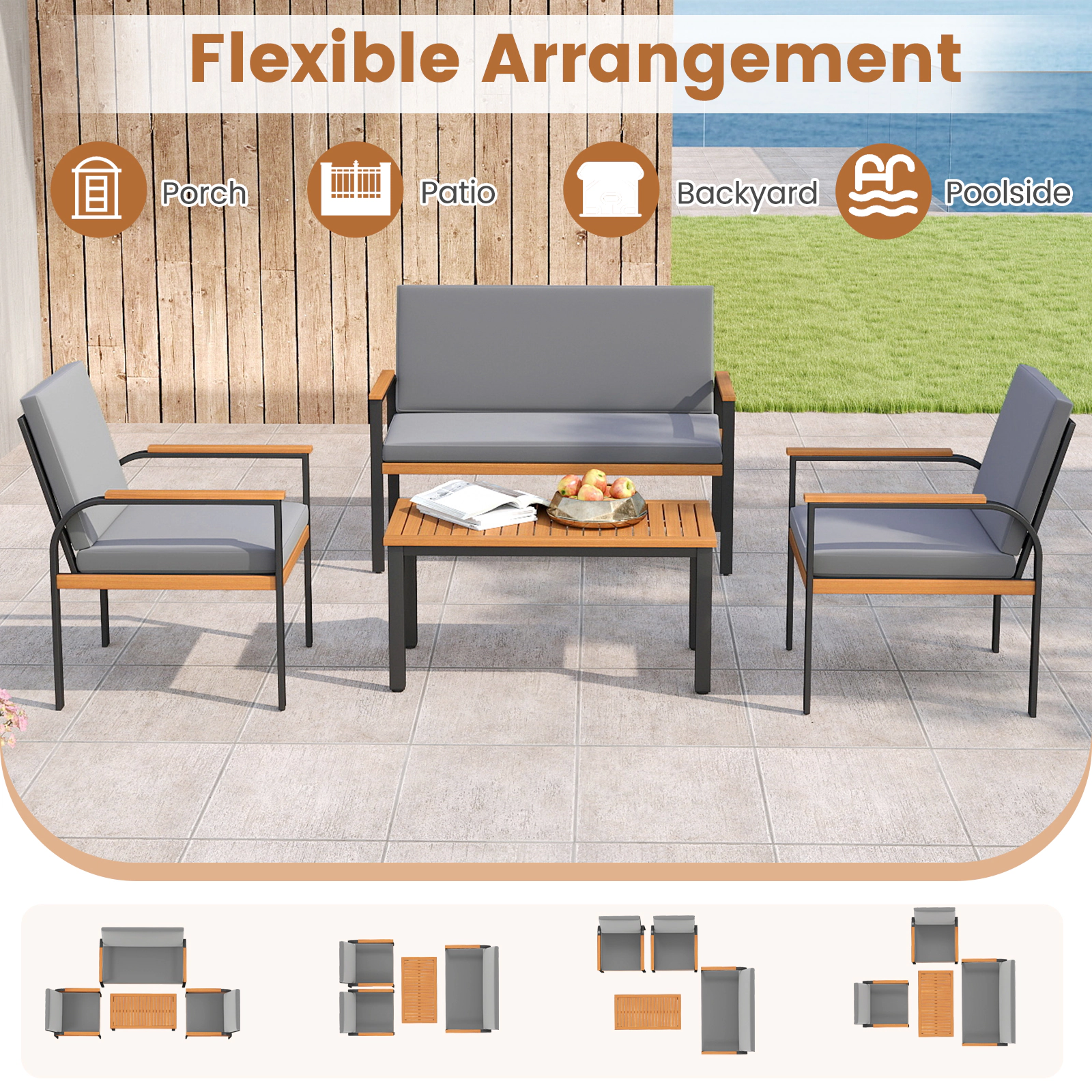 LJG 4 Piece Patio Furniture Set with Coffee Table and Loveseat with Removable Cushions