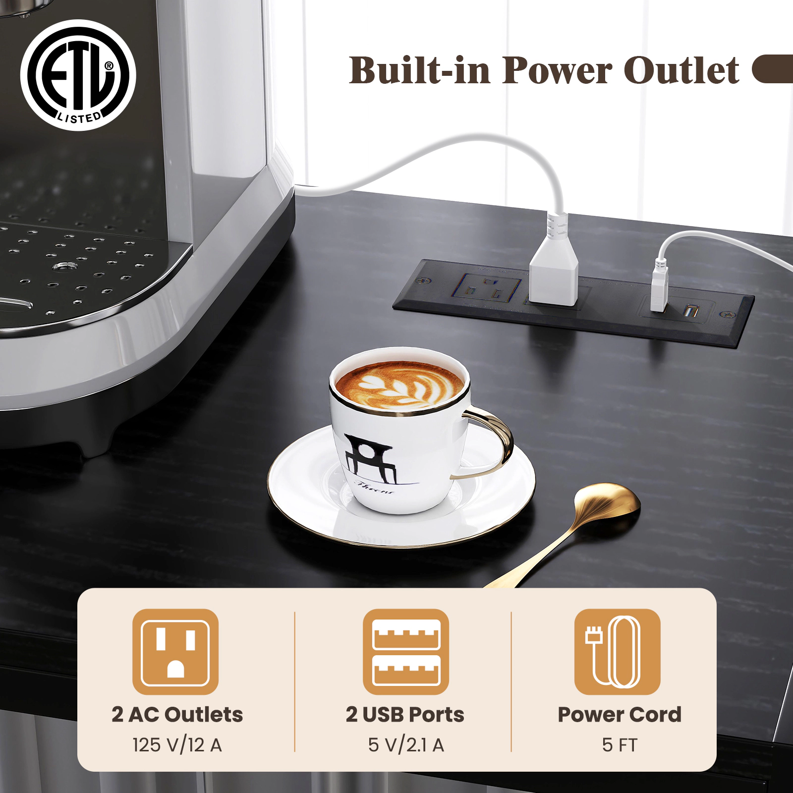 SUGIFT Coffee Bar Cabinet Black with Power Outlet S-Shaped Hooks and Wine Holders