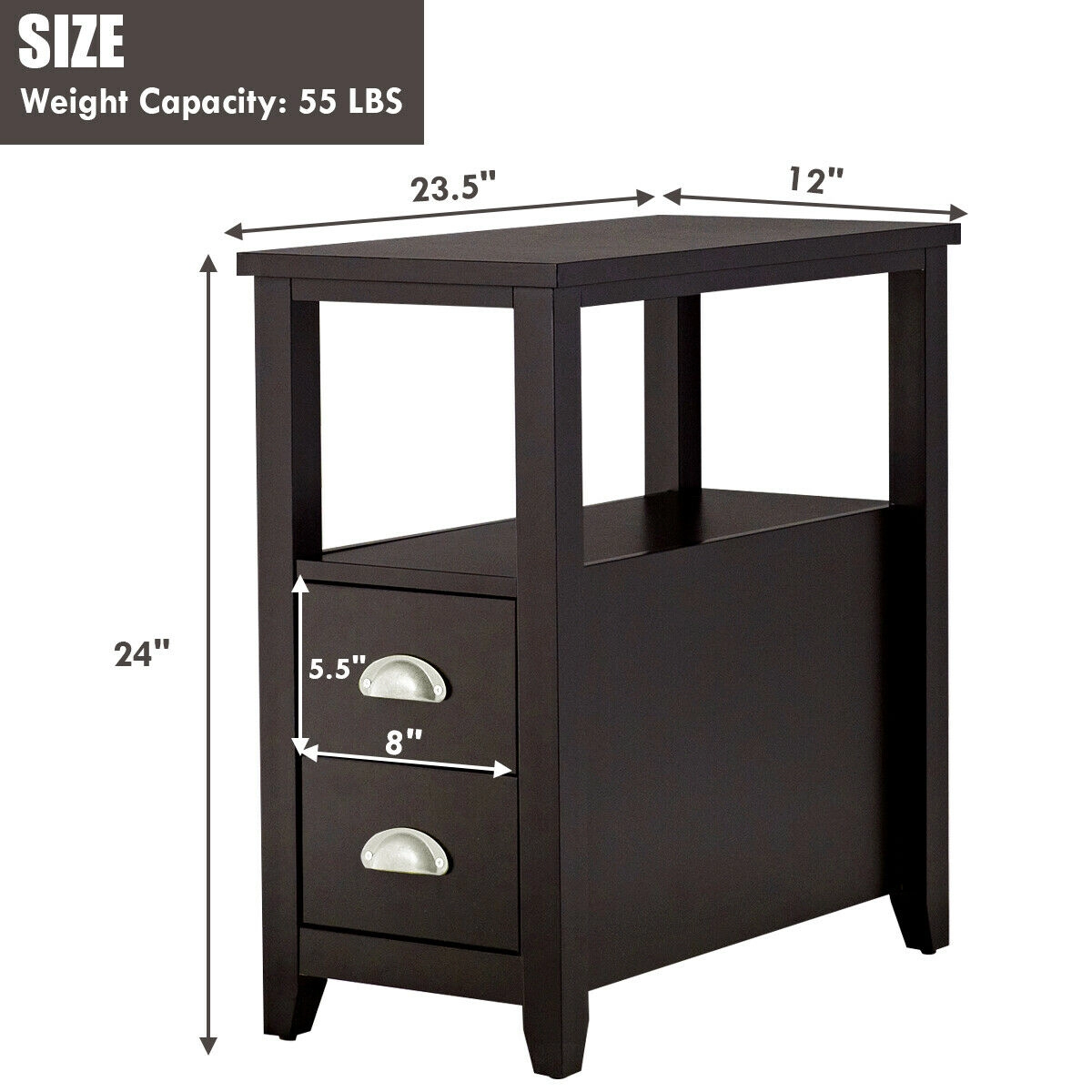 SUGIFT Compact Rectangular Wooden Nightstand with 2 Drawers and Shelf 33-lb Tabletop Capacity Dark Brown