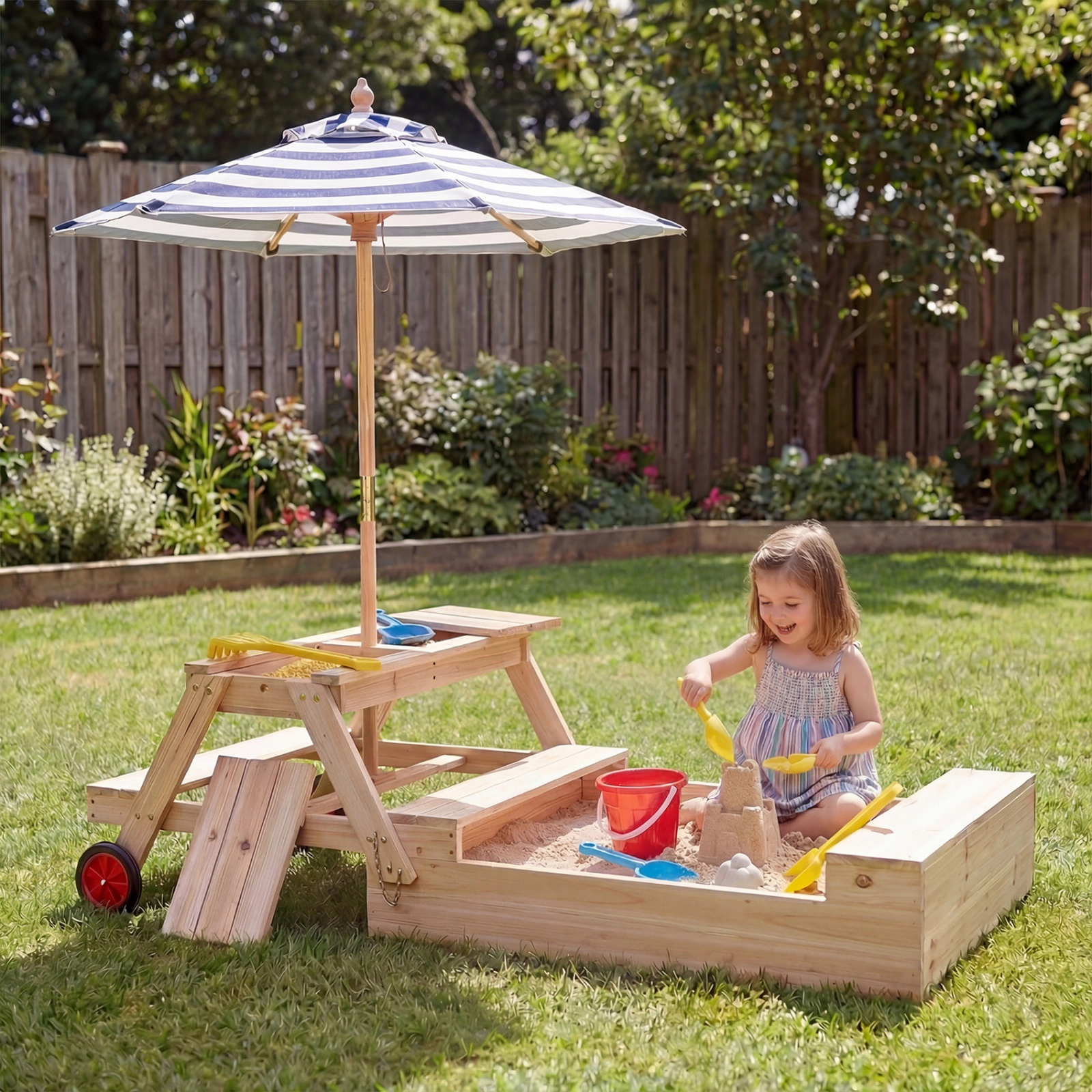 SUGIFT Blue Foldable Umbrella and Picnic Table 2-in-1 Kids Wooden Sandbox