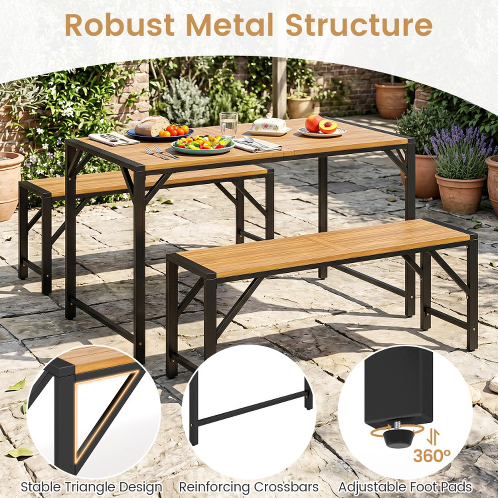 SUGIFT Set of 2 Acacia Wood Outdoor Benches 47.5-in Slatted Seat 800-lb Capacity Natural & Black